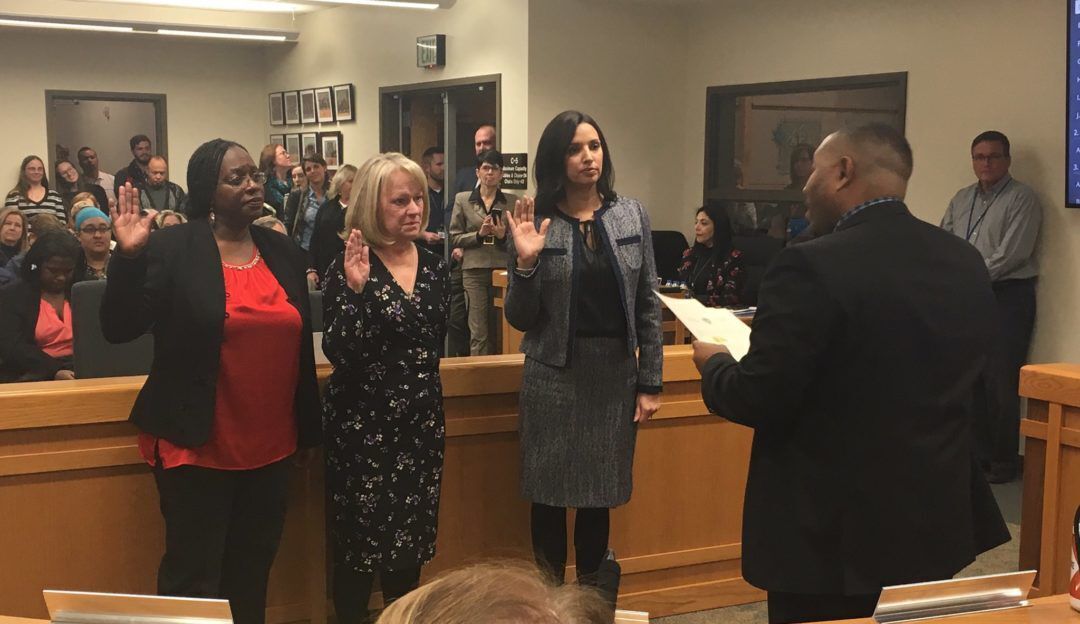 Photo courtesy of Aurora Public Schools In this Dec. 3, 2019, file photo, from left to right Stephanie Mason, Vickie Reinhard and Nichelle Ortiz were sworn as Aurora School Board members. (Photo courtesy of Aurora Public Schools)