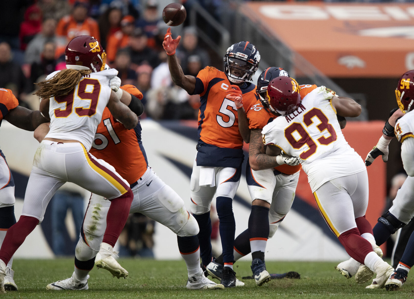 Denver Broncos quarterback Teddy Bridgewater (5) throws down field against the Washington Football Team during the fourth quarter Sunday, Oct. 31, 2021, at Empower Field at Mile High in Denver. Denver won 17-10.(The Gazette, Christian Murdock) (Christian Murdock/The Gazette)