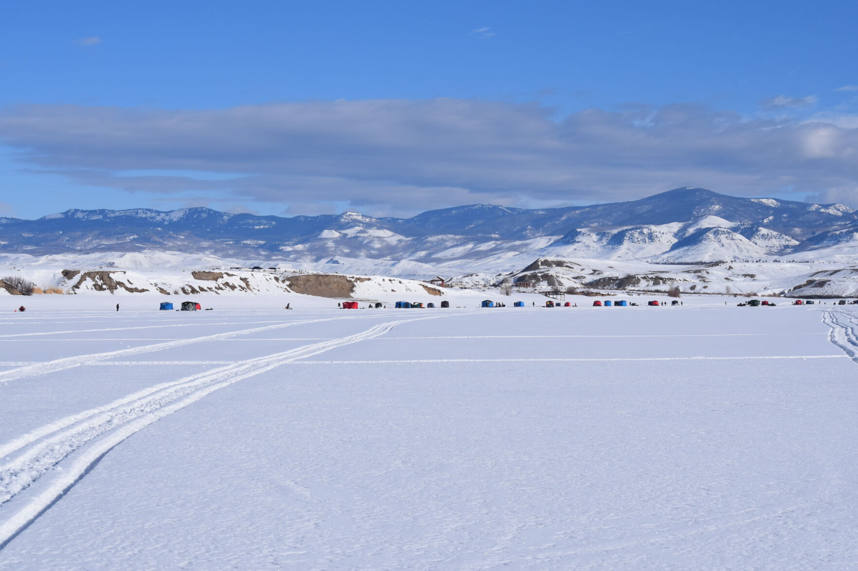 Tents line Wolford Mountain Reservoir near Kremmling during Wolford Ice Fishing Contest. Photo courtesy Brittany VanderLinden