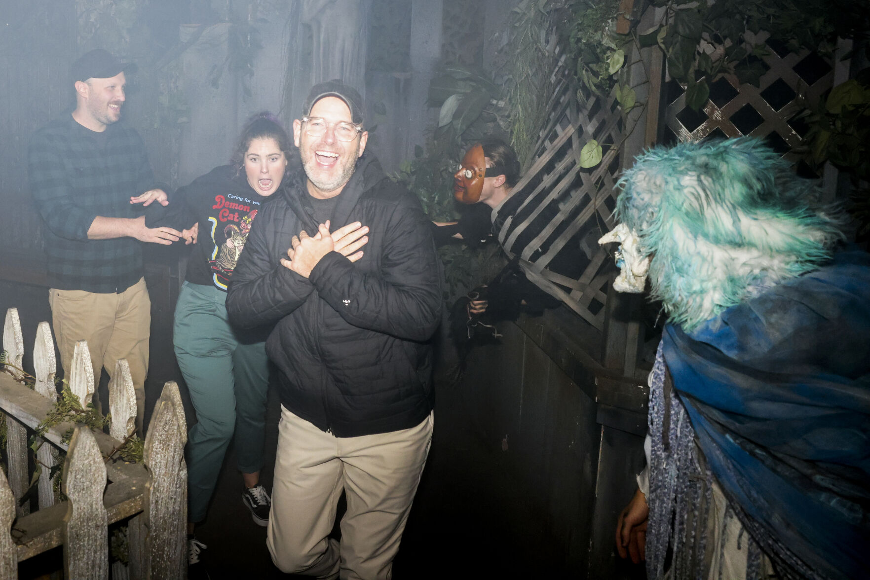 13th Floor Haunted House performers scares guests at the haunted house on Tuesday, Oct. 12, 2021 in Denver. (Michael Ciaglo/Special to The Denver Gazette)