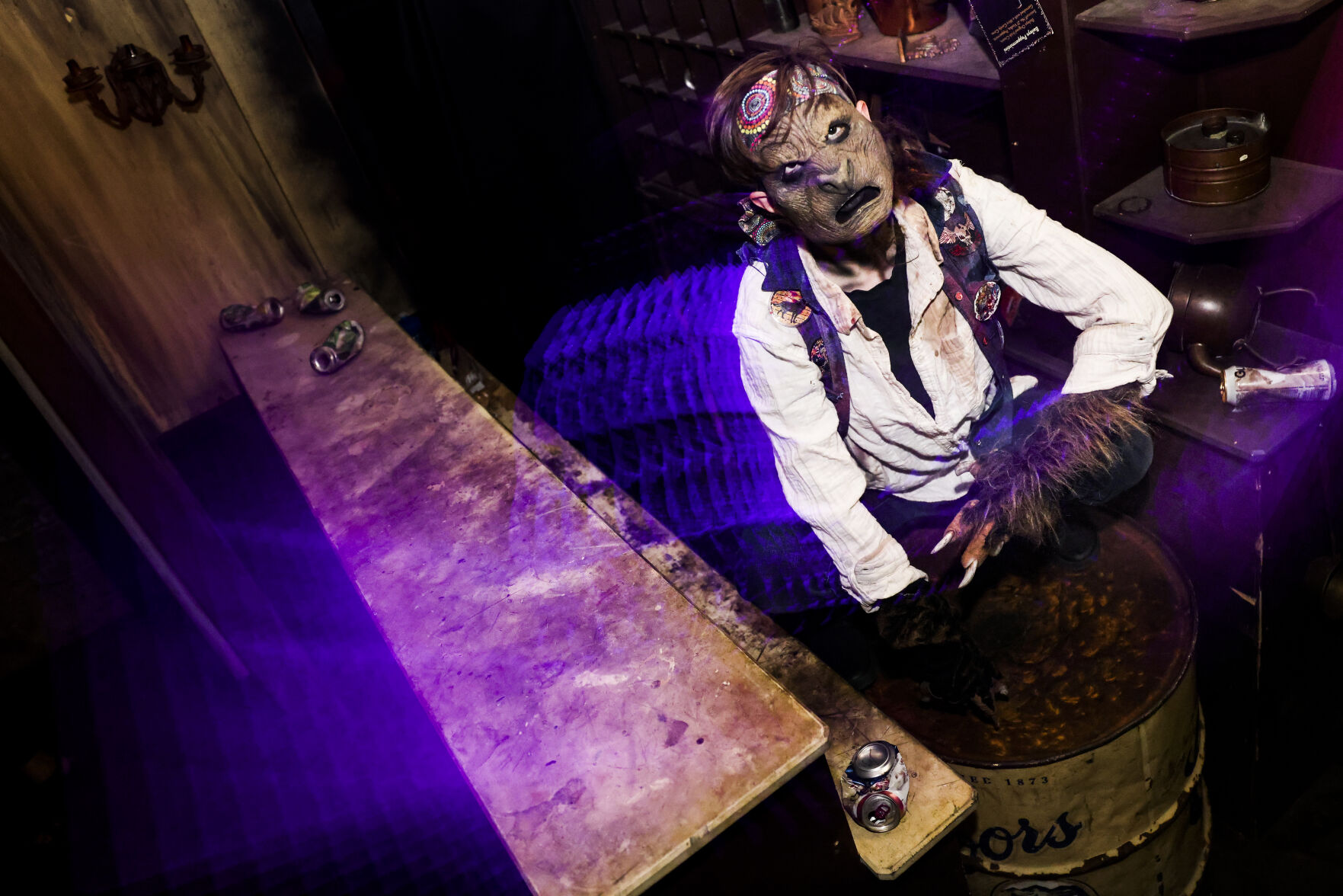 A 13th Floor Haunted House performer poses for a portrait before guests arrive at the haunted house on Tuesday, Oct. 12, 2021 in Denver. (Michael Ciaglo/Special to The Denver Gazette)