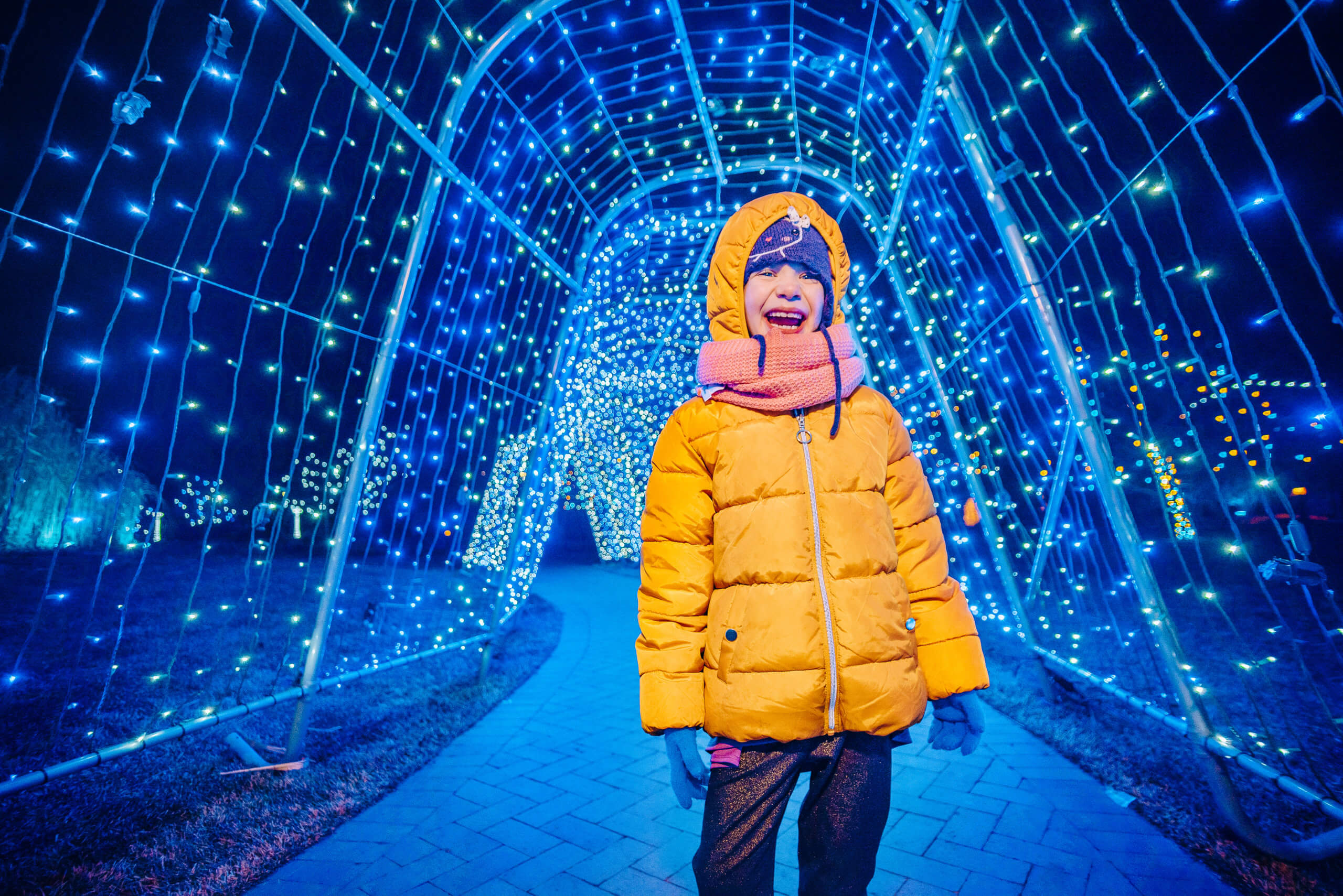 A child stands in the holiday light tunnel at the “A Hudson Christmas” event in Hudson Gardens in Littleton, Colo. (Photo courtesy of Hudson Gardens)