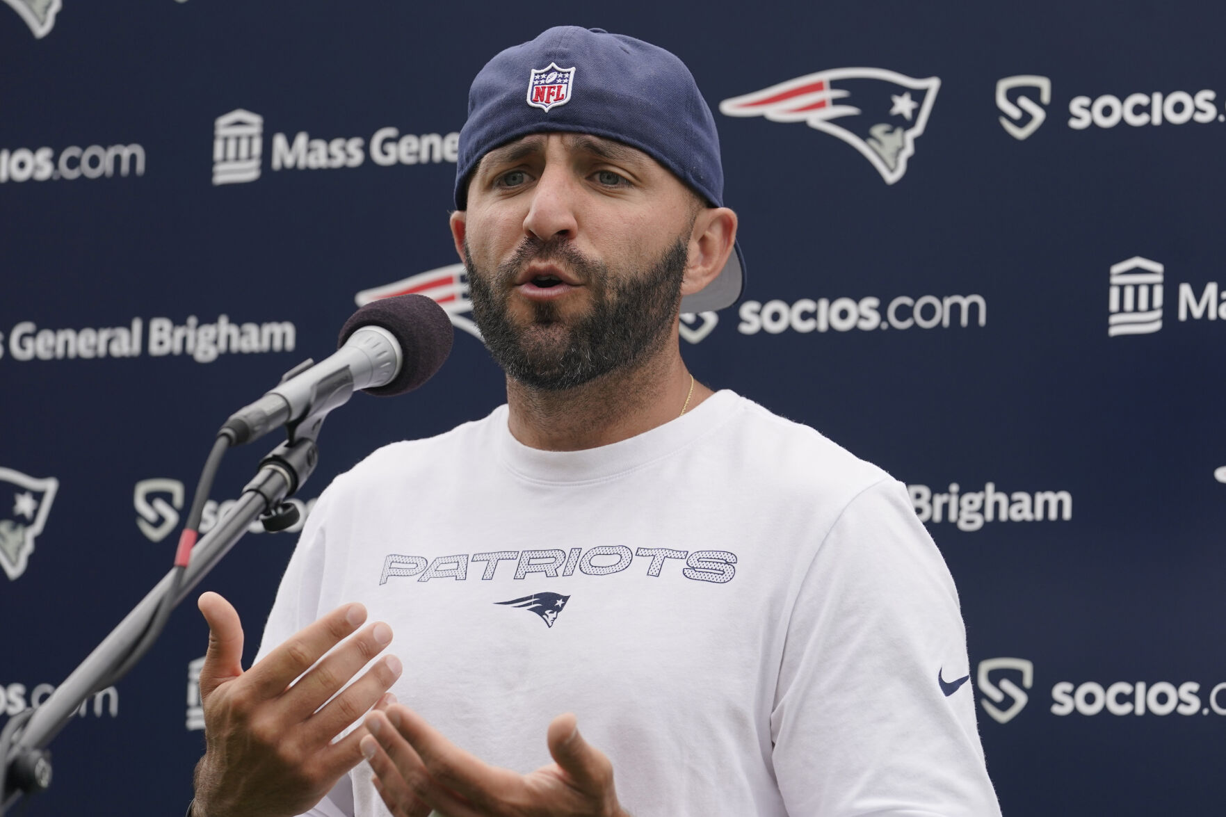 New England Patriots receivers coach Mick Lombardi faces reporters following an NFL football practice, Wednesday, Aug. 4, 2021, in Foxborough, Mass. (AP Photo/Steven Senne) (Steven Senne)