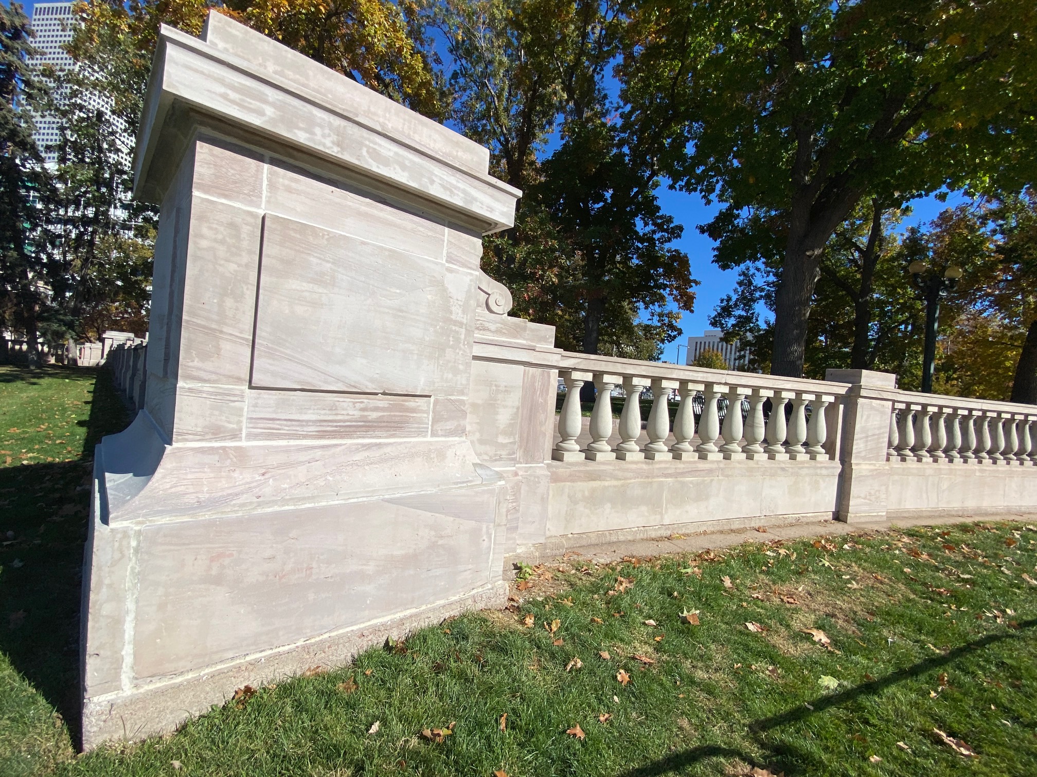 Rare Turkey Creek limestone which is prevalent in Civic Center Park is graffiti-free after a $200,000 power wash. (Carol McKinley)