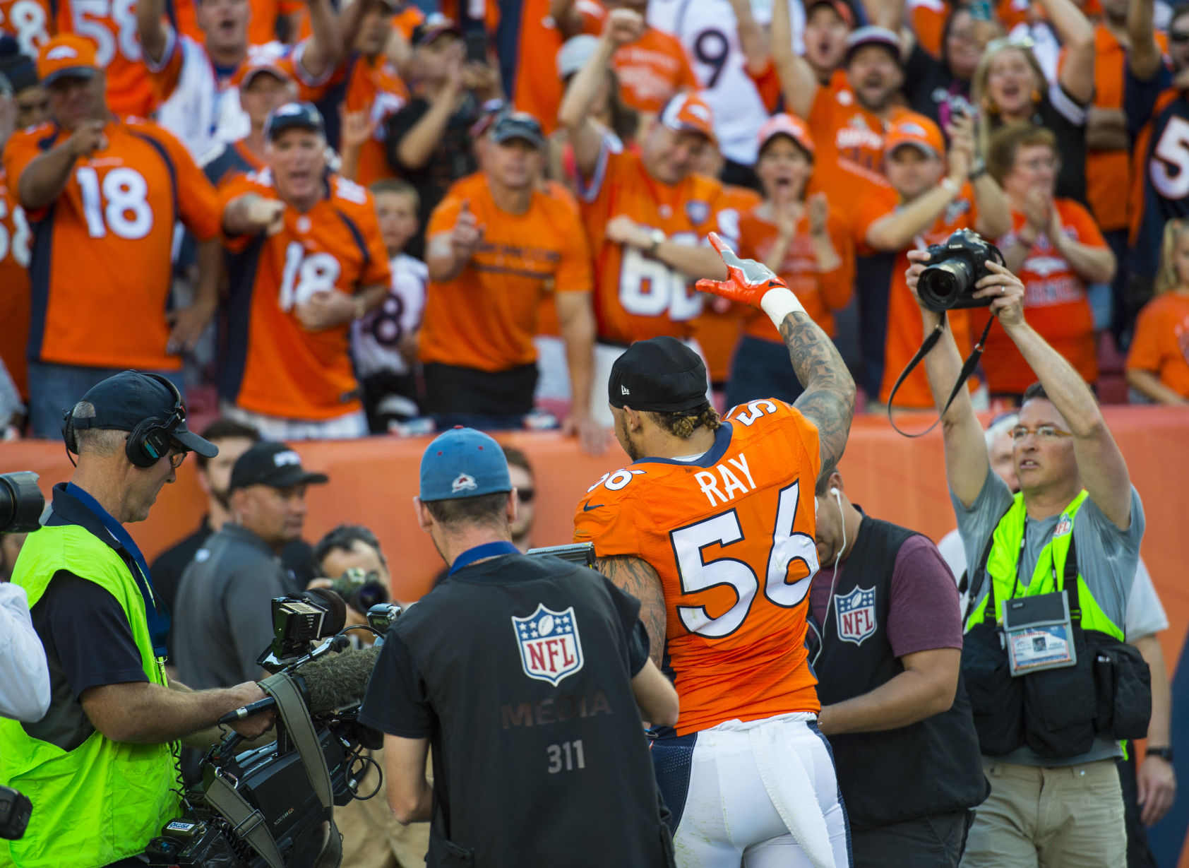 Broncos defensive linebacker Shane Ray waves to the fans as he walks off the field Sunday, Sept. 18, 2016, after the Broncos defeated the Colts 34-20 at Sports Authority Field at Mile High in Denver. Ray recovered a fumble forced by Von Miller and ran it into the endzone for the final touchdown to seal the victory for Denver. (The Gazette, Christian Murdock) (CHRISTIAN MURDOCK, THE GAZETTE)