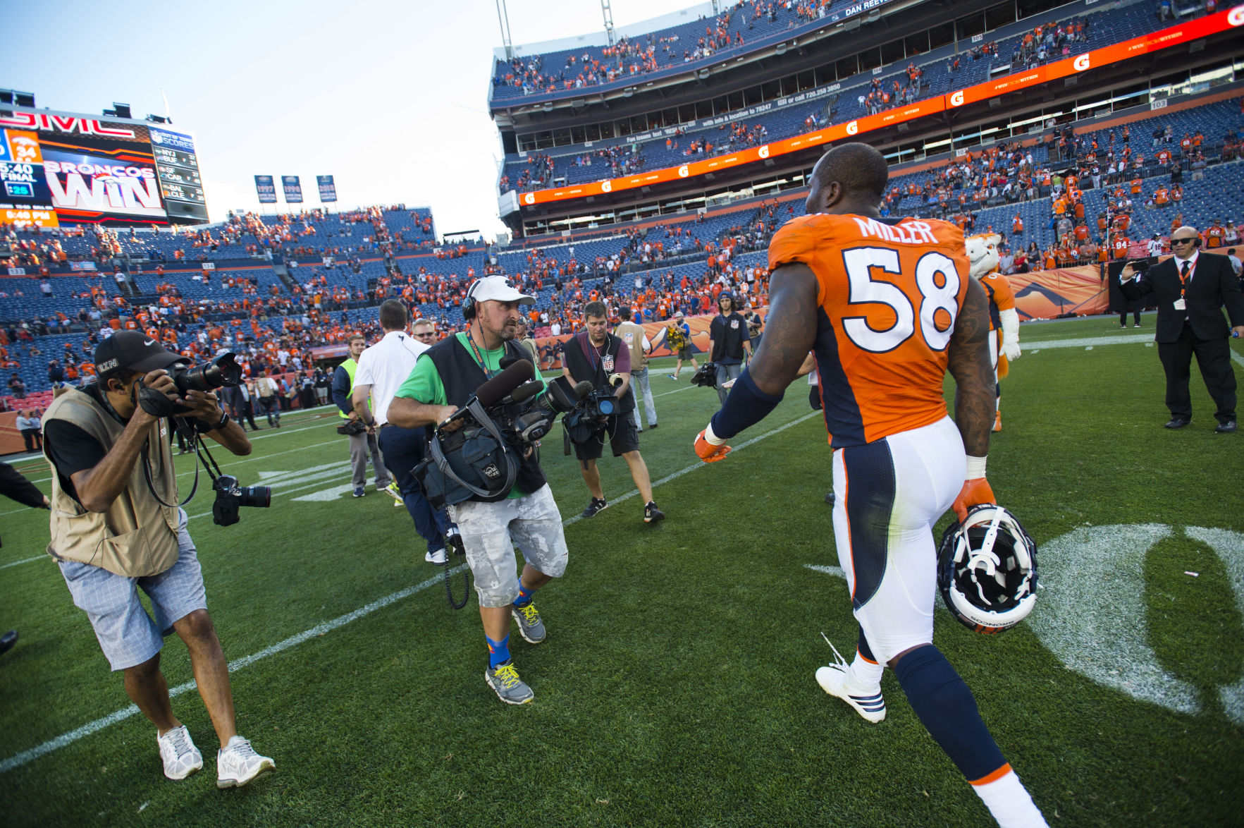 Broncos defensive linebacker Von Miller walks off the field Sunday, Sept. 18, 2016, after the Broncos defeated the Colts 34-20 at Sports Authority Field at Mile High in Denver. (The Gazette, Christian Murdock) (CHRISTIAN MURDOCK, THE GAZETTE)