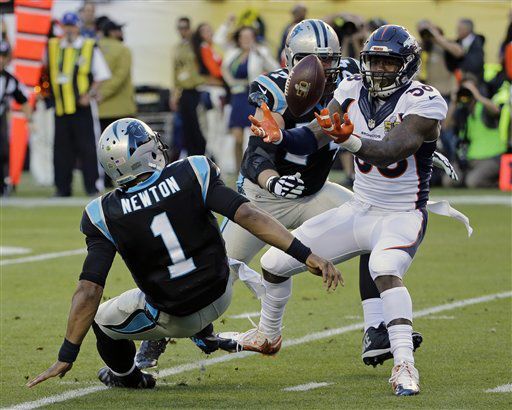 Denver's Von Miller strips the ball from Carolina's Cam Newton during Super Bowl 50 on Feb. 7, 2016, in Santa Clara, Calif. (The Associated Press file)