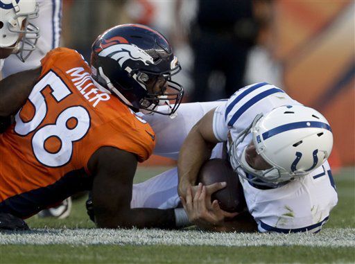 Denver Broncos outside linebacker Von Miller, left, sacks Indianapolis Colts quarterback Andrew Luck during the second half in a NFL football game, Sunday, Sept. 18, 2016, in Denver. (AP Photo/Joe Mahoney) (Joe Mahoney)