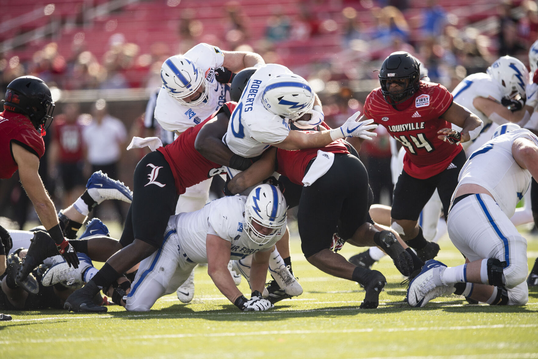 The Air Force take on the Louisville Cardinals during the 2021 First Responder Bowl at Gerald J. Ford Stadium on the campus of Southern Methodist University in Dallas, Texas on Tuesday, Dec. 28, 2021. The Falcons defeated the Cardinals and won the bowl game by a score of 31-28. (Chancey Bush/ The Gazette) (Chancey Bush/ The Gazette)