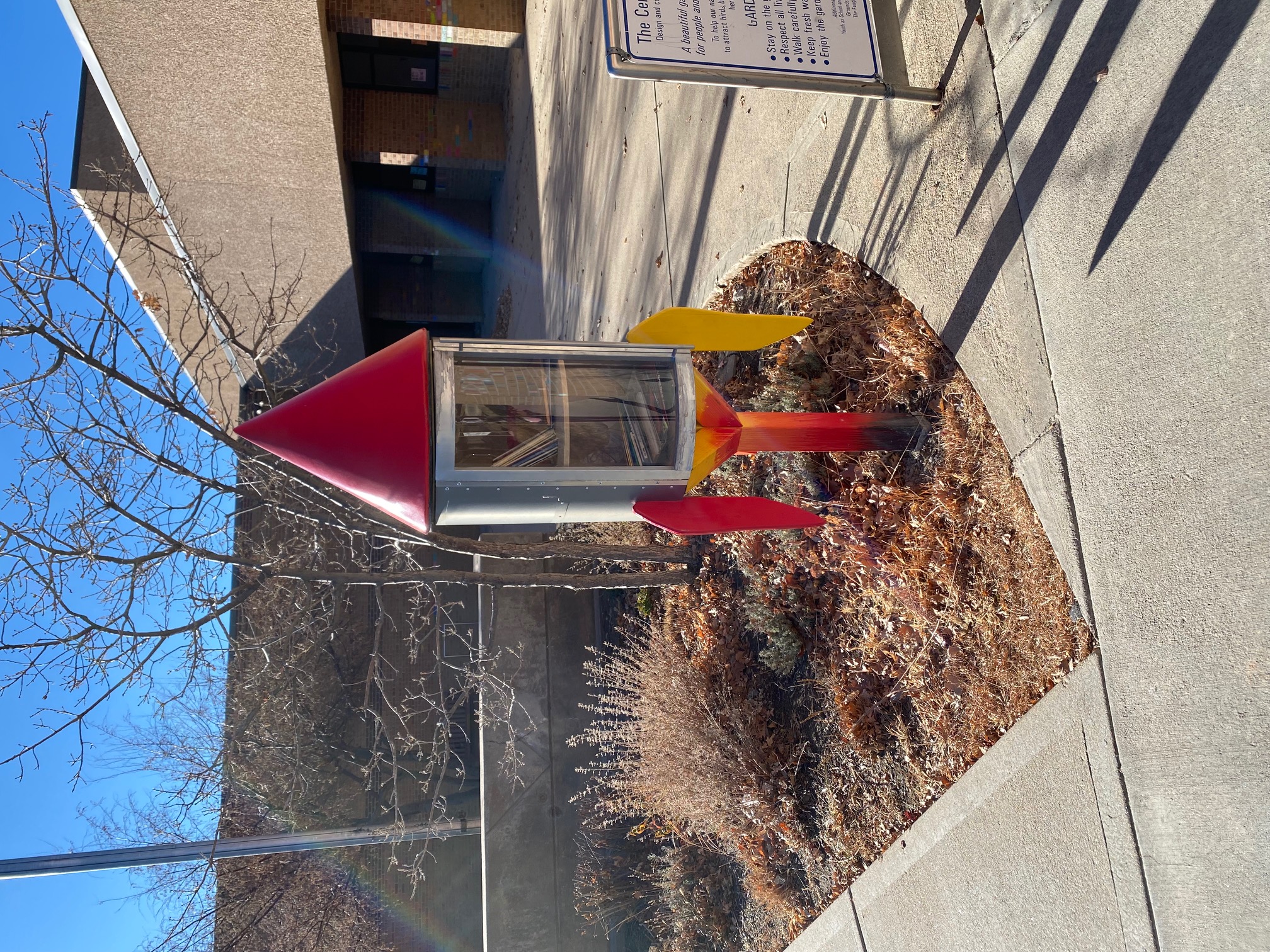 Rocket ship-style lending library outside the front door of Centennial Elementary School. (Carol McKinley)