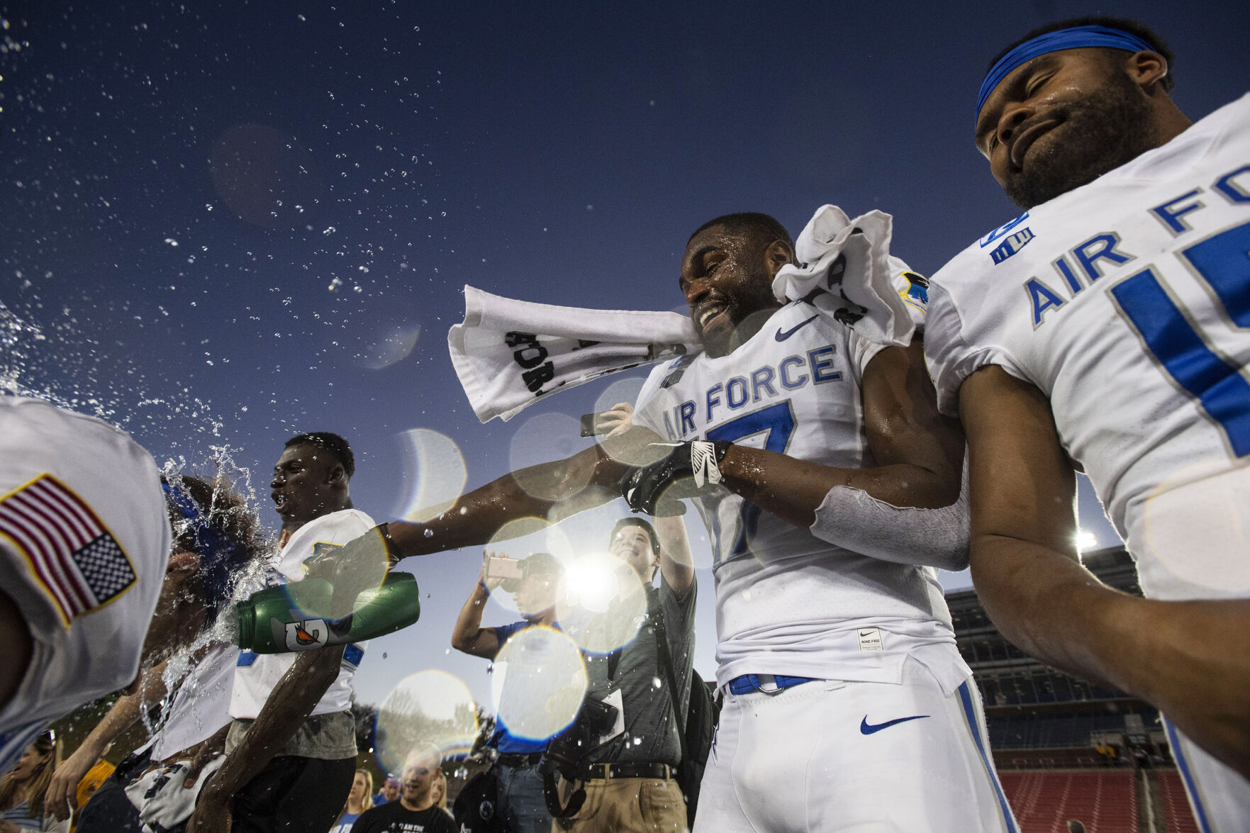 The Air Force Falcons celebrate their victory over the Louisville Cardinals during the 2021 First Responder Bowl at Gerald J. Ford Stadium on the campus of Southern Methodist University in Dallas, Texas on Tuesday, Dec. 28, 2021. The Falcons defeated the Cardinals and won the bowl game by a score of 31-28. (Chancey Bush/ The Gazette) (Chancey Bush/ The Gazette)