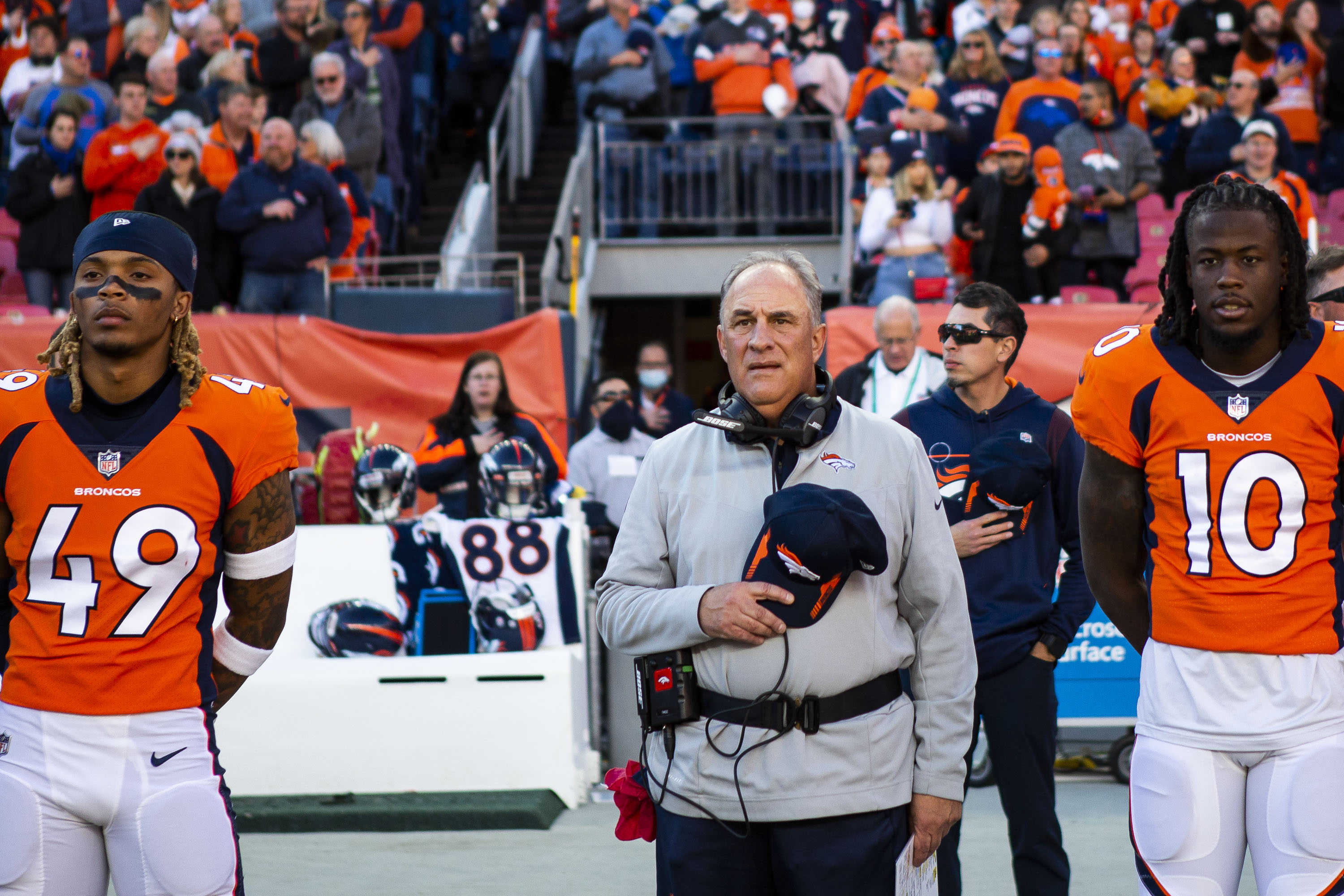 Denver Broncos head coach Vic Fangio looks on during the “Star Spangled Banner” before a game against the Cincinnati Bengals on Sunday, Dec. 19, 2021, at Empower Field at Mile High in Denver, Colo. (Timothy Hurst/The Gazette) (TimHursttim.hurst@gazette.comhttps://secure.gravatar.com/avatar/aca82bd62b4ee425c598527cd6faa1b1?d=mm&r=g)