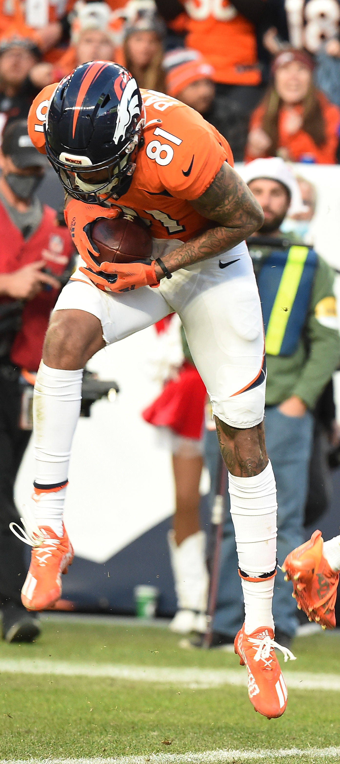 Broncos wide receiver catches a pass and then runs for a touchdown in the third quarter. The Broncos played the Bengals at Mile High Stadium on Sunday, Dec. 19, 2021. (Photo by Jerilee Bennett, The Gazette) (Jerilee Bennett)