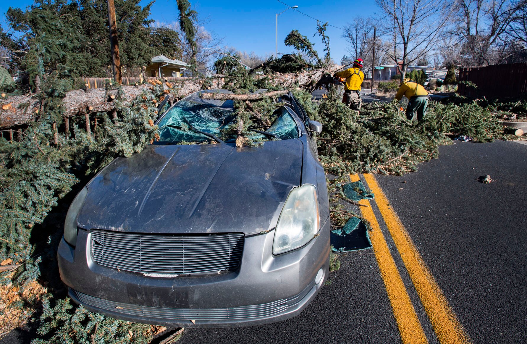 Members of the Colorado Springs Utilities Catamount crew remove a fallen tree the crushed a car driving westbound on Unitah Street in Colorado Springs as wind gusts reached more than 100 mph in the Pikes Peak Region Wednesday, Dec. 15, 2021. The driver and passenger were transported to a local hospital. (The Gazette, Christian Murdock) (Christian Murdock/The Gazette)