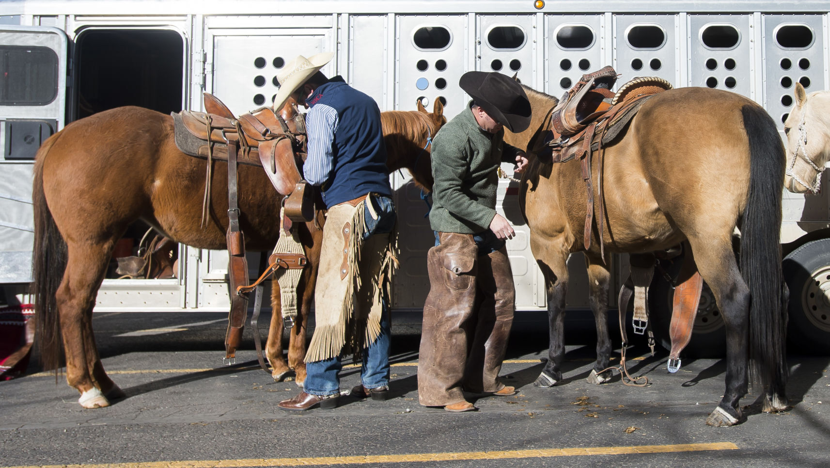 Zack Bender, left, and Bob Book of Colorado Springs get their horses ready before over 40 Longhorn cattle walked the streets of downtown Denver on Thursday January 4, 2017 during the annual National Western Stock Show Parade. The parade began at Union Station and moved 15 blocks down 17th street and the tradition of parading cattle through the streets of downtown Denver began in 1984 and serves as a way to kick off the National Western Stock Show, which opens Saturday. (The Gazette File).