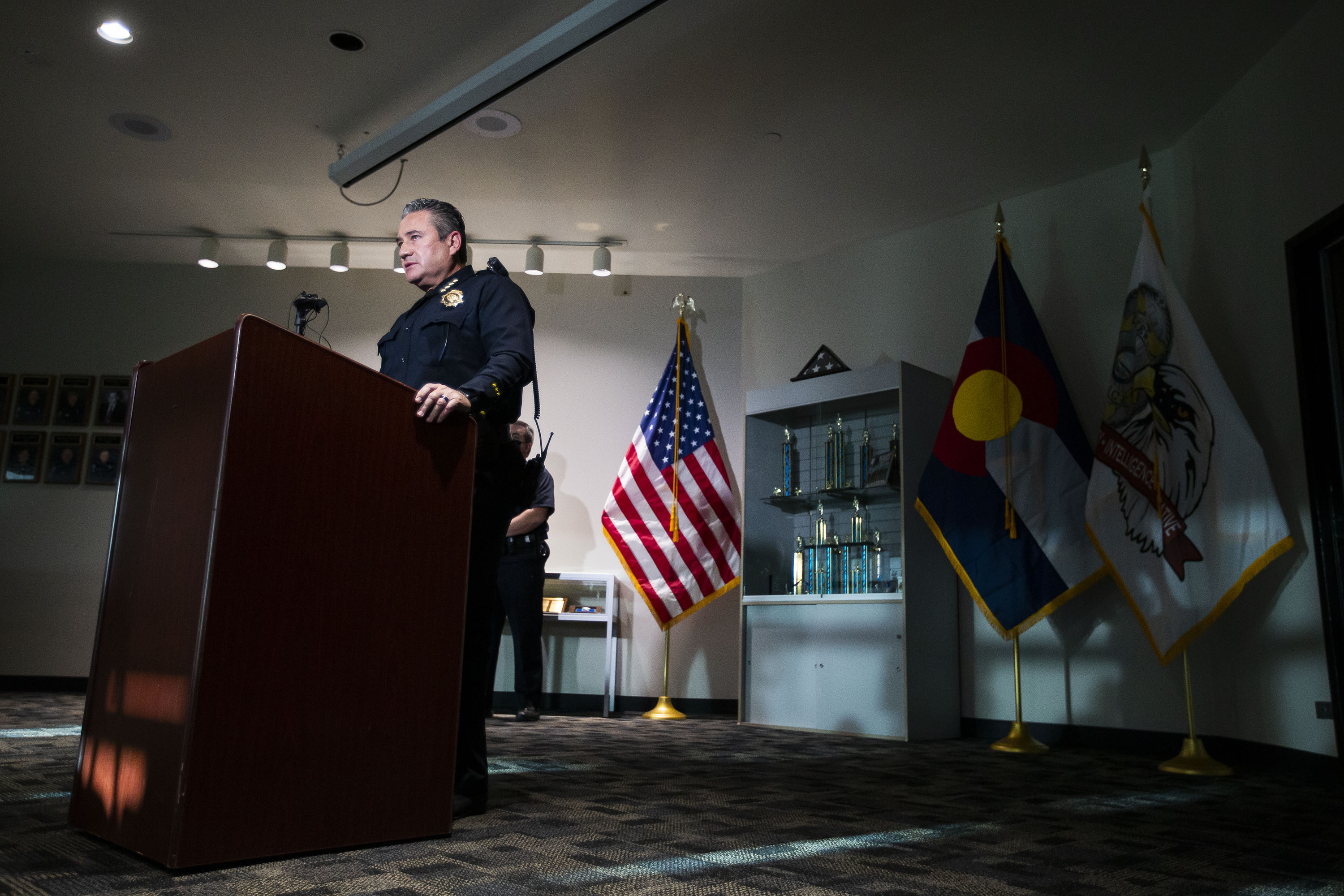 Denver Police chief Paul Pazen speaks about the cross-town shooting spree that left five people dead the previous night during a press conference at the Lakewood Police Department on Tuesday, Dec. 28, 2021, in Lakewood, Colo. (Timothy Hurst/The Gazette) (Timothy Hurst)