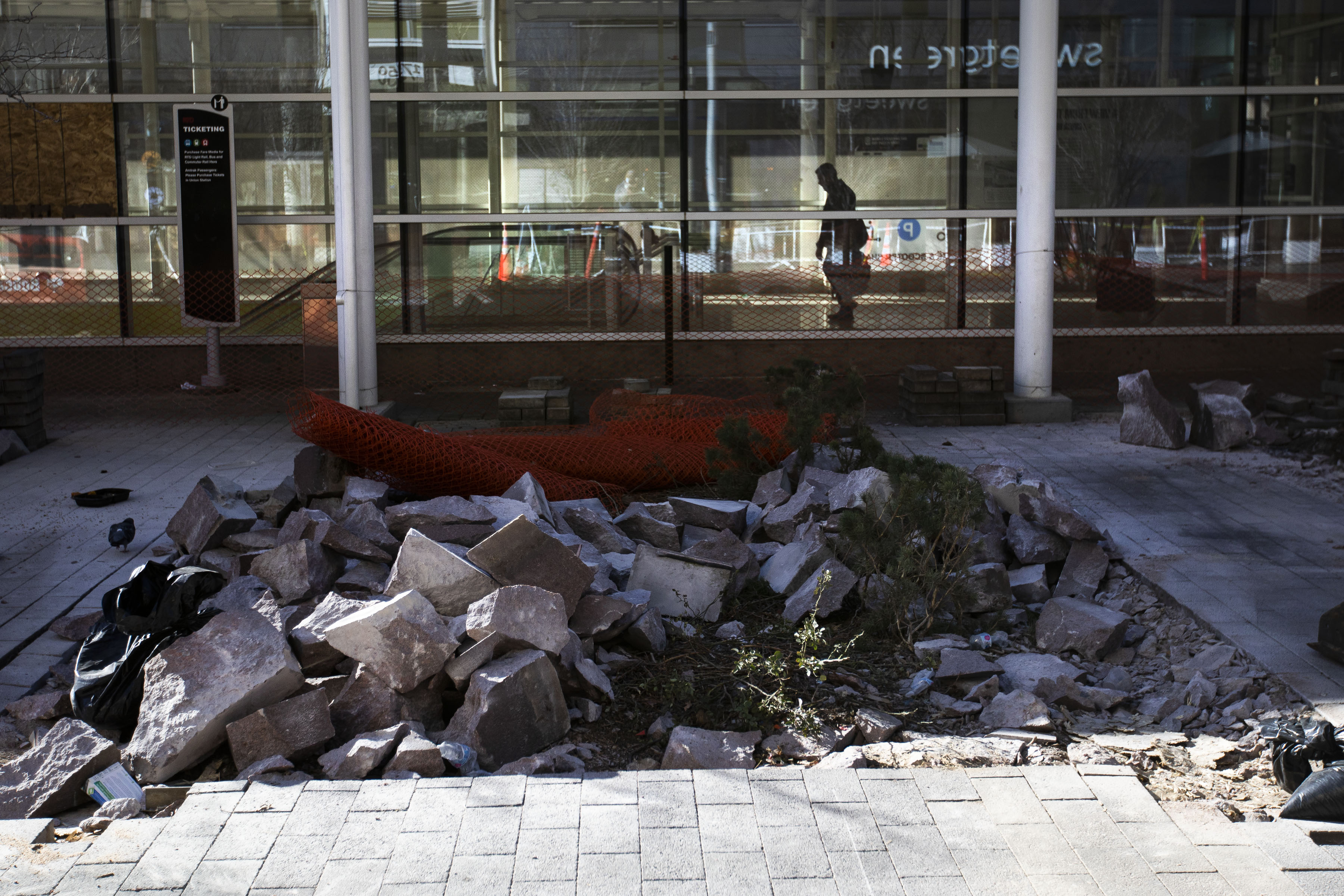 Rubble from granite benches sit near an entrance to the underground bus concourse at Union Station on Friday, Dec. 17, 2021, in Denver, Colo. (Timothy Hurst/The Gazette) (TimHursttim.hurst@gazette.comhttps://secure.gravatar.com/avatar/aca82bd62b4ee425c598527cd6faa1b1?d=mm&r=g)