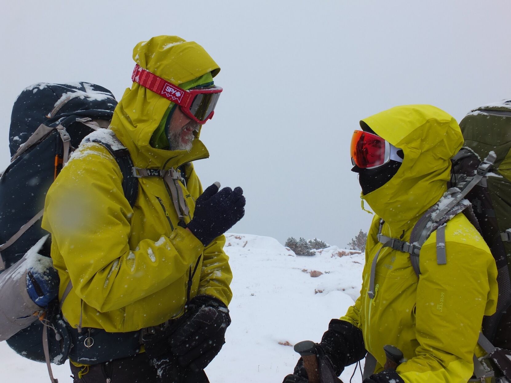 Priscilla Clayton, right, talks with a fellow climber one snowy New Year’s Eve climb up Pikes Peak with the AdAmAn Club. (courtesy Priscilla Clayton)