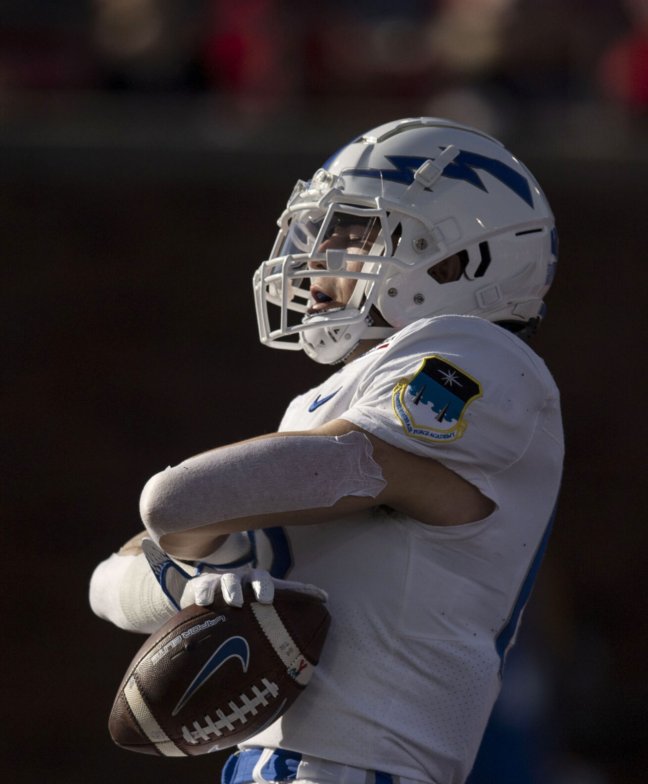 Air Force senior wide receiver Brandon Lewis (13) reacts after a touchdown as the Air Force Falcons take on the Louisville Cardinals during the 2021 First Responder Bowl at Gerald J. Ford Stadium on the campus of Southern Methodist University in Dallas, Texas on Tuesday, Dec. 28, 2021. The Falcons defeated the Cardinals and won the bowl game by a score of 31-28. (Chancey Bush/ The Gazette) (Chancey Bush/ The Gazette)
