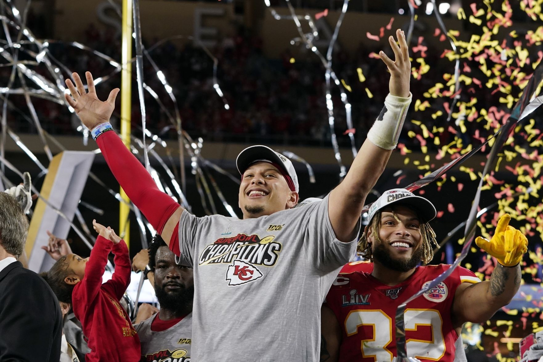 Kansas City quarterback Patrick Mahomes, left, celebrates Feb. 2 after defeating the San Francisco 49ers in NFL Super Bowl 54 at Miami Gardens, Fla. The champs roll into Denver on Oct. 25, while the Broncos travel to face the Chiefs on Dec. 6 in the Sunday Night Football game. (The Associated Press)