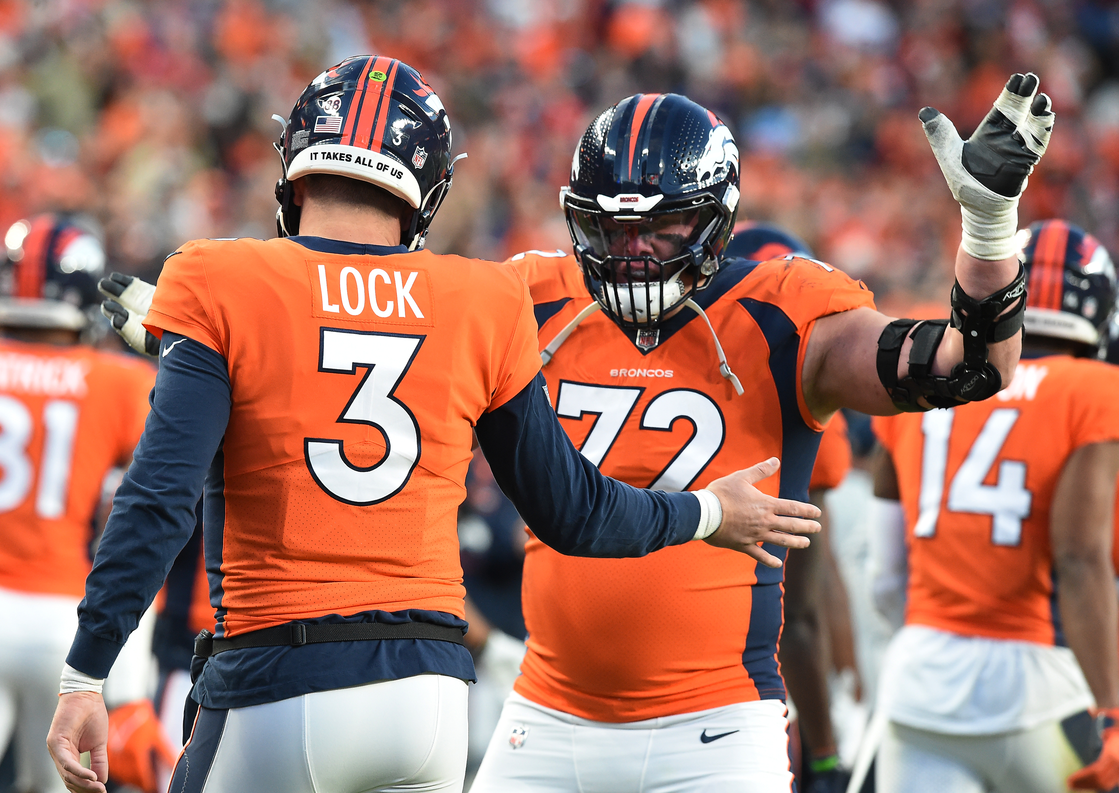 Broncos tackle Garrett Boles has praise for Drew Lock after he came into the game and threw a touchdown pass. The Broncos played the Bengals at Mile High Stadium on Sunday, Dec. 19, 2021. (Photo by Jerilee Bennett, The Gazette) (Jerilee Bennett)