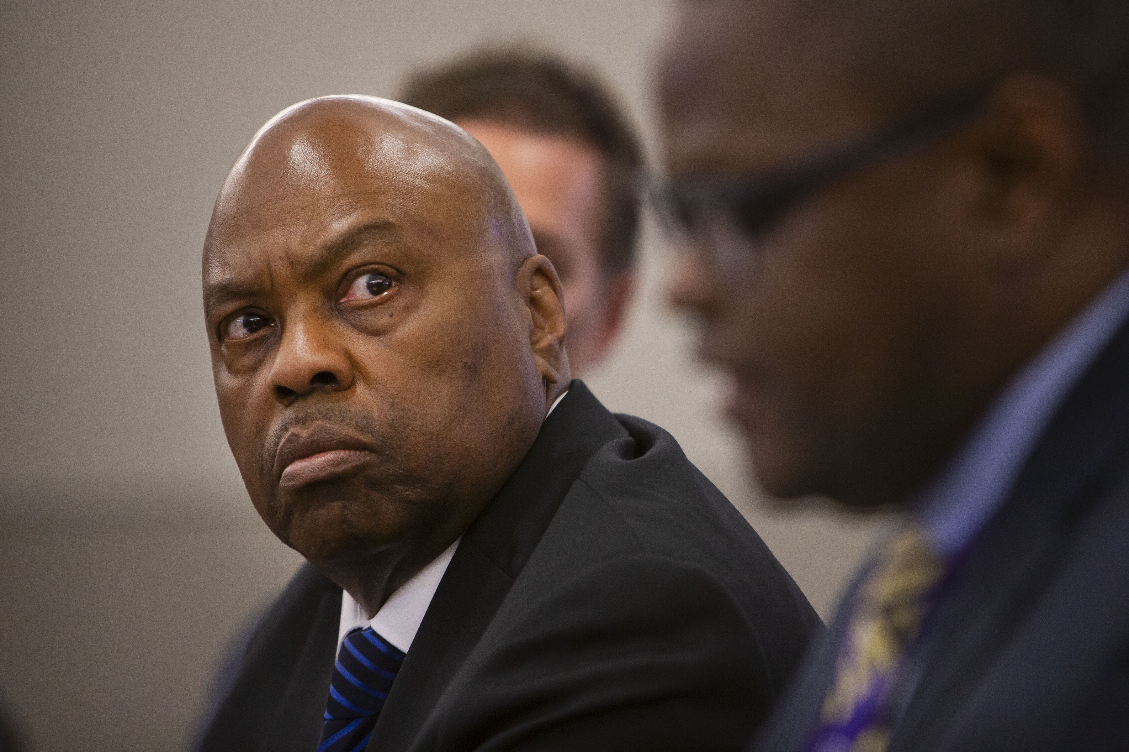 Denver International Airport chief executive officer Phil Washington, left, looks on as chief financial officer Sylvester Lavender talk to media members about the proposed completion phase of the airport’s Great Hall Project on Thursday, Dec. 16, 2021, at Denver International Airport in Denver, Colo. (TimHursttim.hurst@gazette.comhttps://secure.gravatar.com/avatar/aca82bd62b4ee425c598527cd6faa1b1?d=mm&r=g)