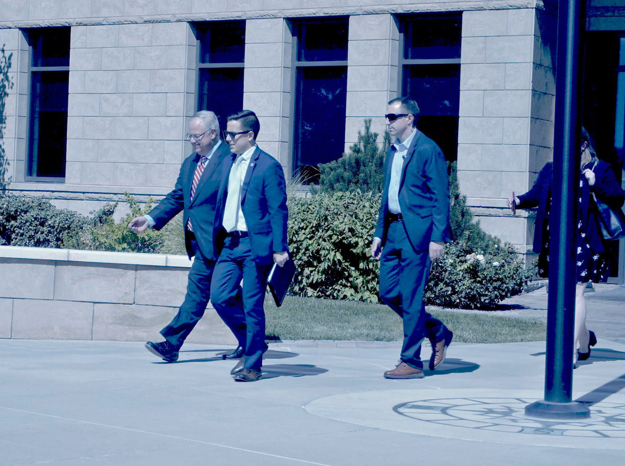 Trump-era Secretary of the Interior David Bernhardt, far left, tours the office building in Grand Junction that became the headquarters of the Bureau of Land Management. (Photo by Marianne Goodland, Colorado Politics)