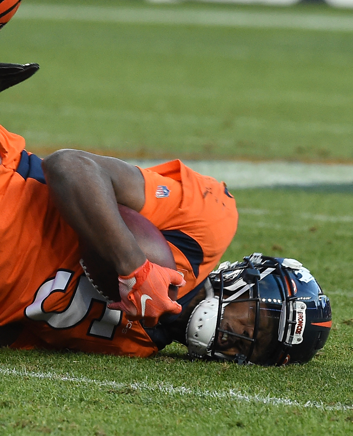 Broncos quarterback Teddy Bridgewater was upended on a running play and landed on his head, a play that ended his game. He was carted off the field in a neck brace. The Broncos played the Bengals at Mile High Stadium on Sunday, Dec. 19, 2021. The Broncos lost the game 15-10.(Photo by Jerilee Bennett, The Gazette) (Jerilee Bennett)