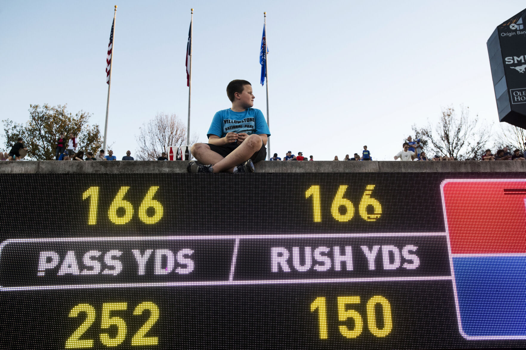 A young fan watches the game during the 2021 First Responder Bowl at Gerald J. Ford Stadium on the campus of Southern Methodist University in Dallas, Texas on Tuesday, Dec. 28, 2021. The Falcons defeated the Cardinals and won the bowl game by a score of 31-28. (Chancey Bush/ The Gazette) (Chancey Bush/ The Gazette)