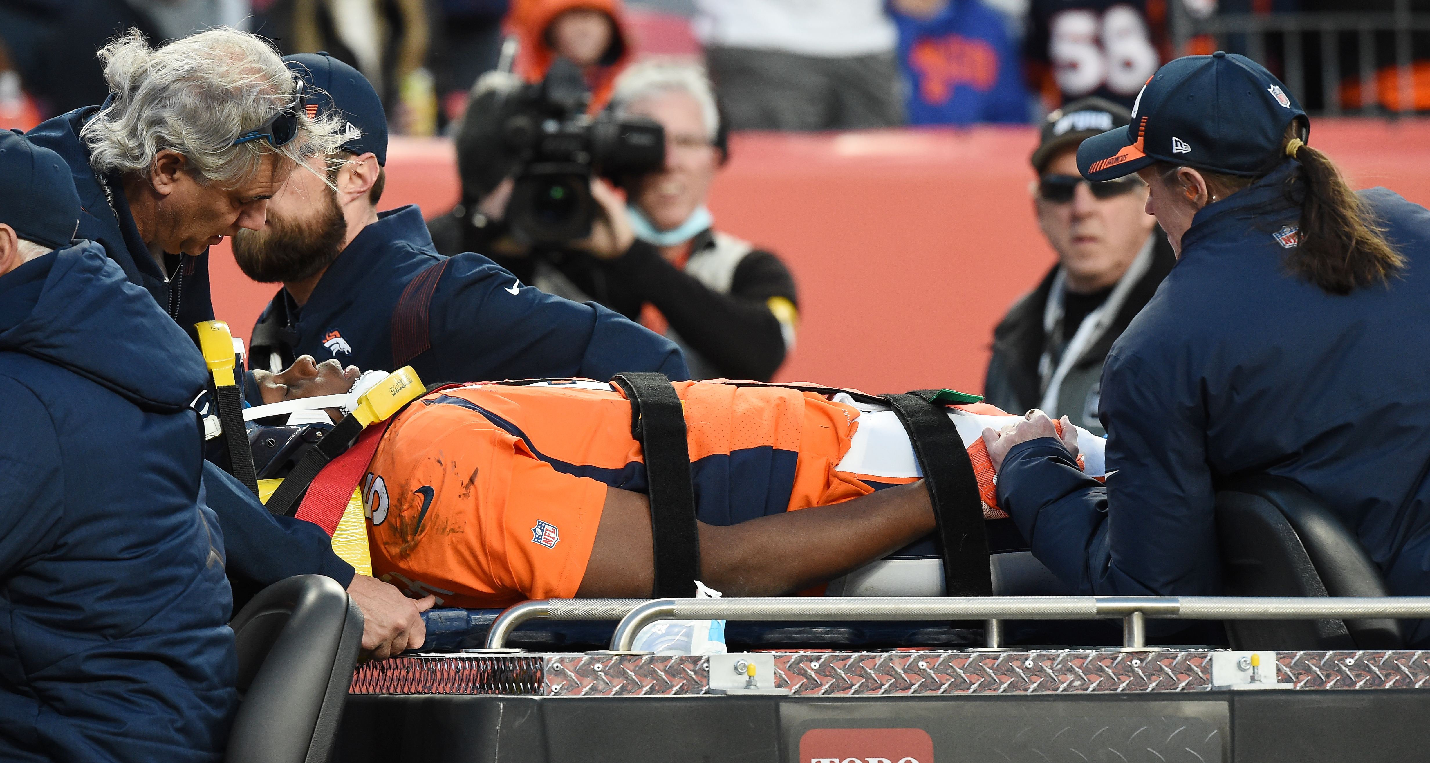 Broncos quarterback Teddy Bridgewater was carted off the field in a neck brace after getting hurt on a running play. The Broncos played the Bengals at Mile High Stadium on Sunday, Dec. 19, 2021. (Photo by Jerilee Bennett, The Gazette) (Jerilee Bennett)