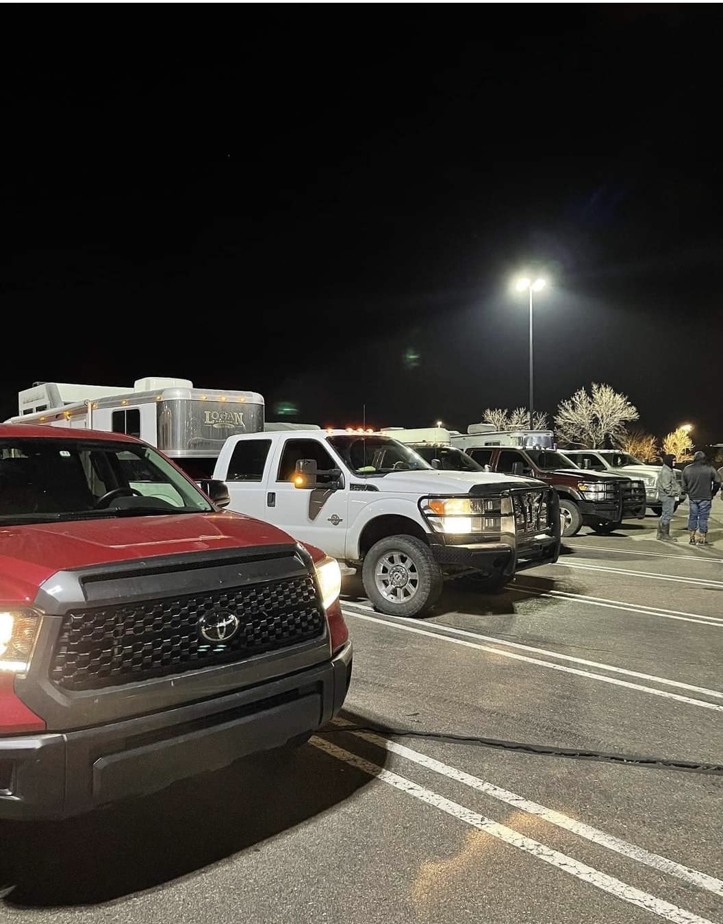Trucks and trailers wait at Boulder County's Flatirons Mall for assignments to save animals threatened by the Marshall Fire. (Laura Rogers Greenstreet)