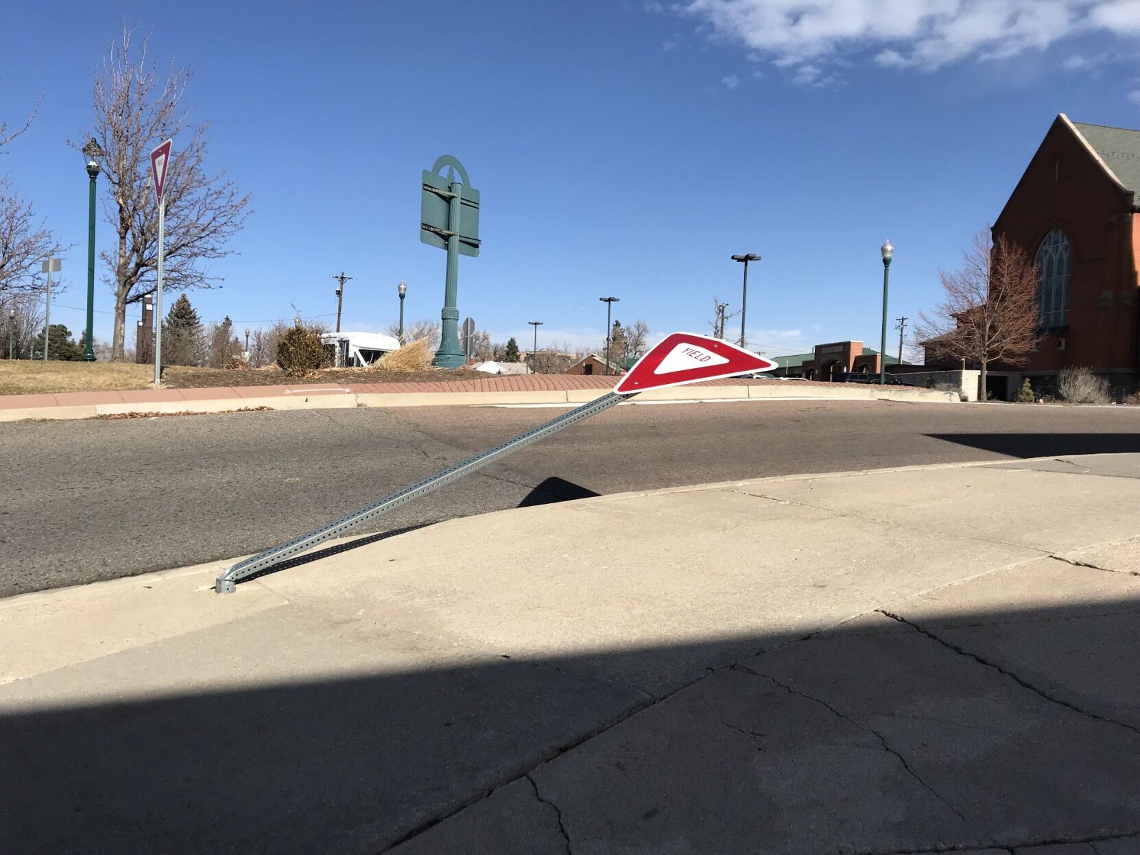 Wind didn't yield to this street sign in downtown Colorado Springs on Wednesday, Dec. 15, 2021. (Nathan Van Dyne, The Gazette)