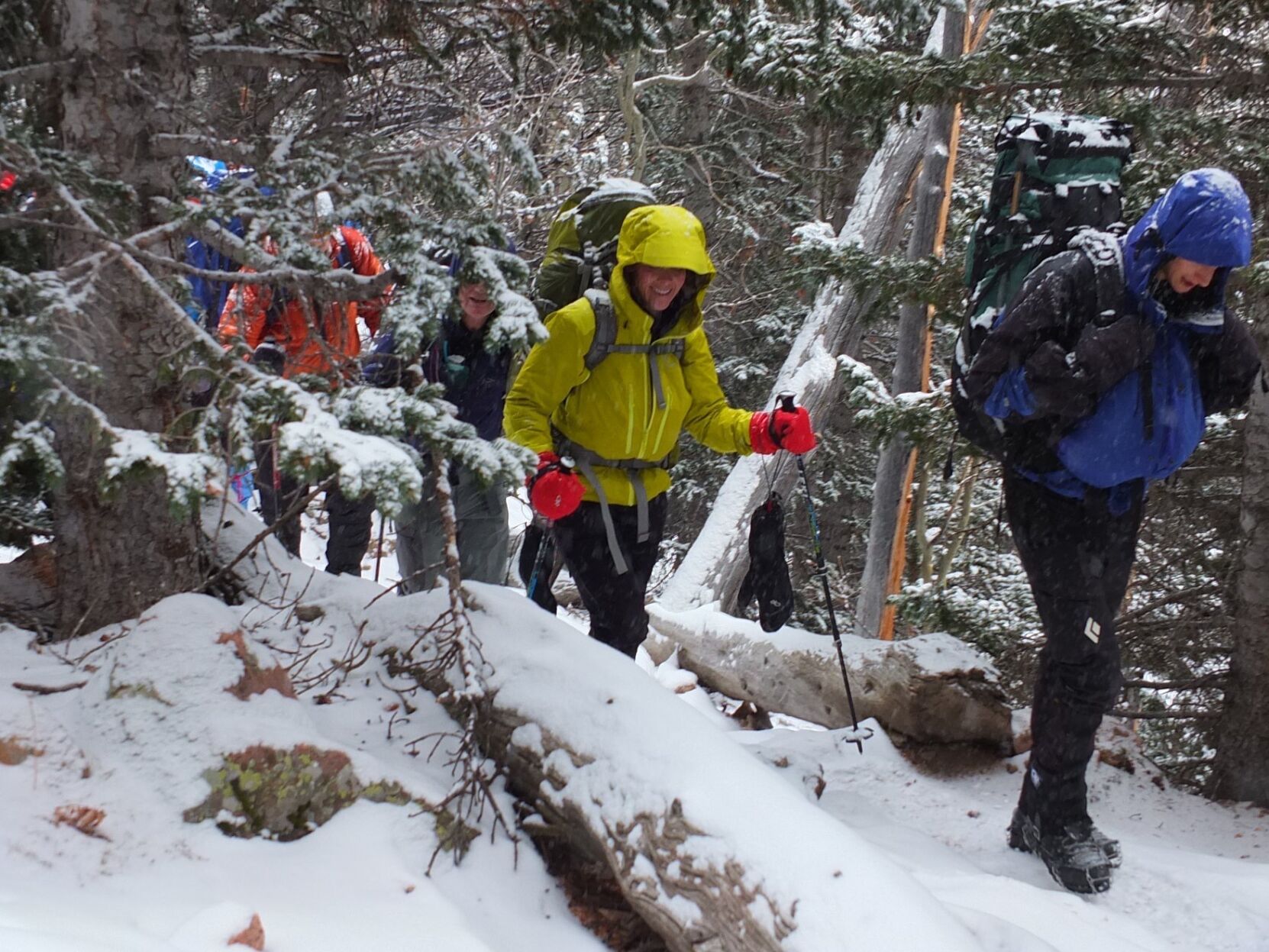 Priscilla Clayton, in yellow jacket, hikes a snowy New Year's Eve climb up Pikes Peak with the AdAmAn Club. Clayton is the club's new member for this year's climb. Photo courtesy Priscilla Clayton