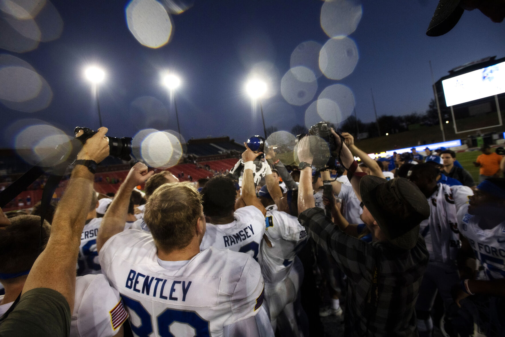 Air Force Falcons celebrate their victory over the Louisville Cardinals during the 2021 First Responder Bowl at Gerald J. Ford Stadium on the campus of Southern Methodist University in Dallas, Texas on Tuesday, Dec. 28, 2021. The Falcons defeated the Cardinals and won the bowl game by a score of 31-28. (Chancey Bush/ The Gazette) (Chancey Bush/ The Gazette)