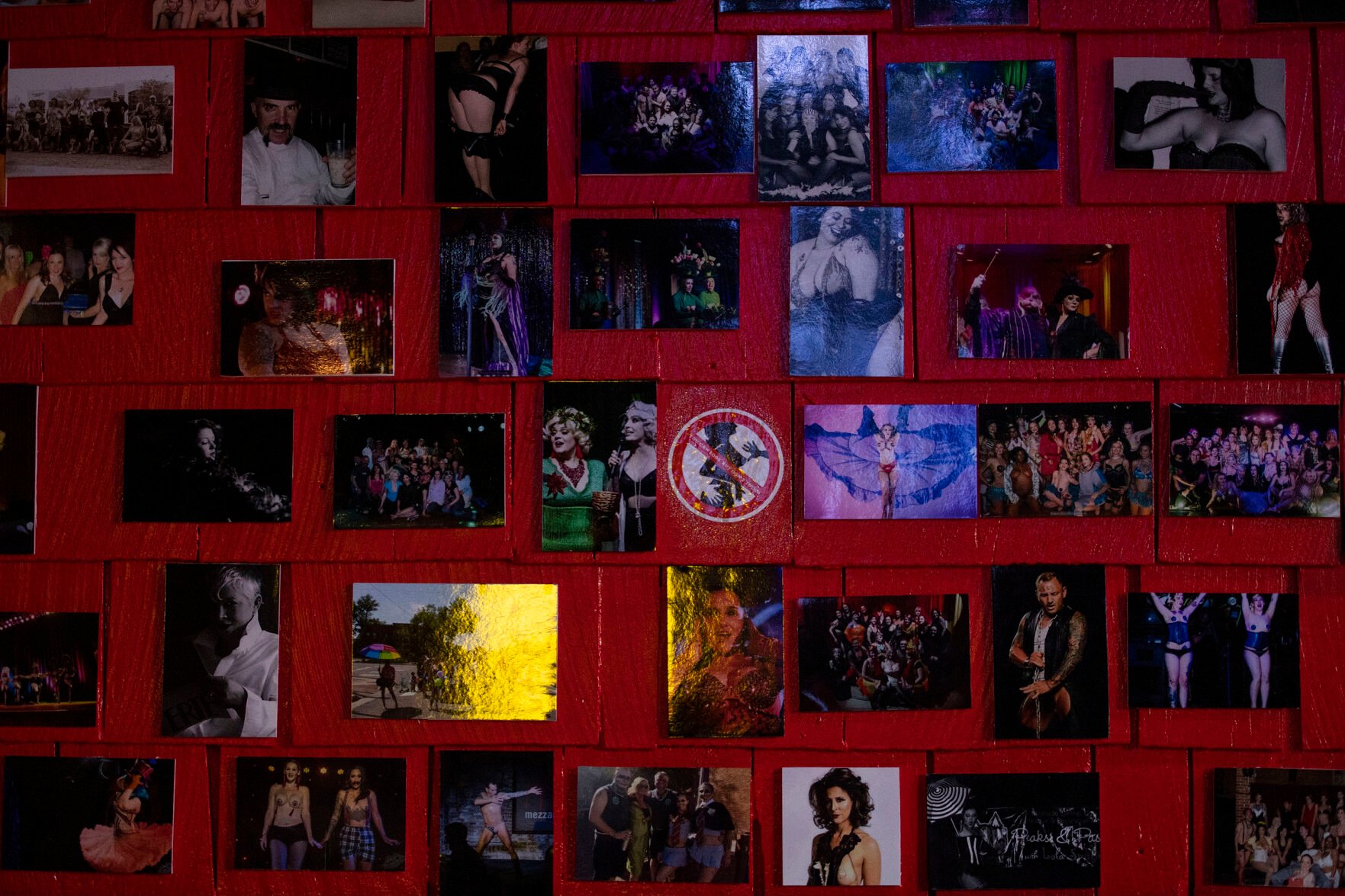 Photos of burlesque performs are showcased at La Burla Bee, a new burlesque venue and cabaret-style restaurant and bar, located in the space previously known as The Underground in downtown Colorado Springs.  (Chancey Bush/ The Gazette) (Chancey Bush/ The Gazette)