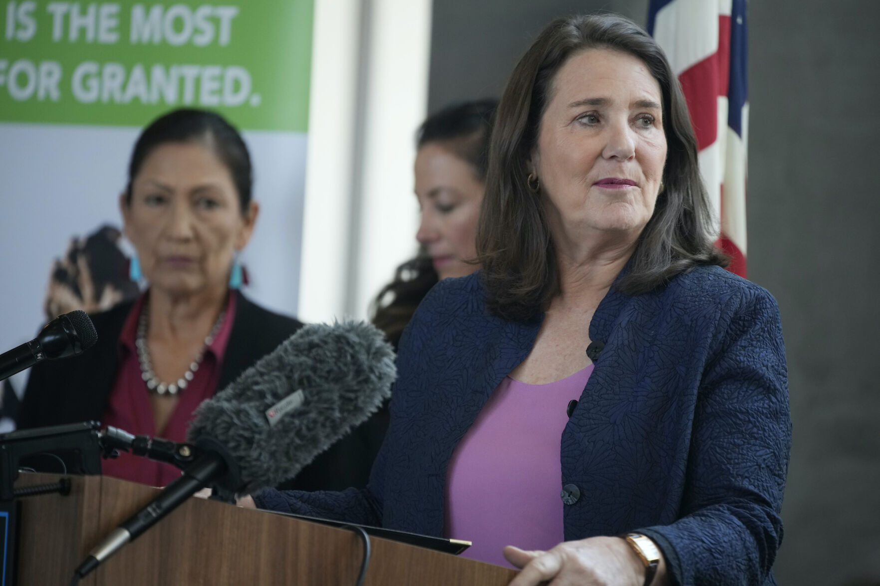 In this file photo, U.S. Rep Diana DeGette, D-Colo., front makes a point as Interior Secretary Deb Haaland looks on during a news conference after Haaland’s visit to talk about federal solutions to ease the effects of the drought at the offices of Denver Water on July 22, 2021, in Denver. (AP Photo/David Zalubowski) ((AP Photo/David Zalubowski))