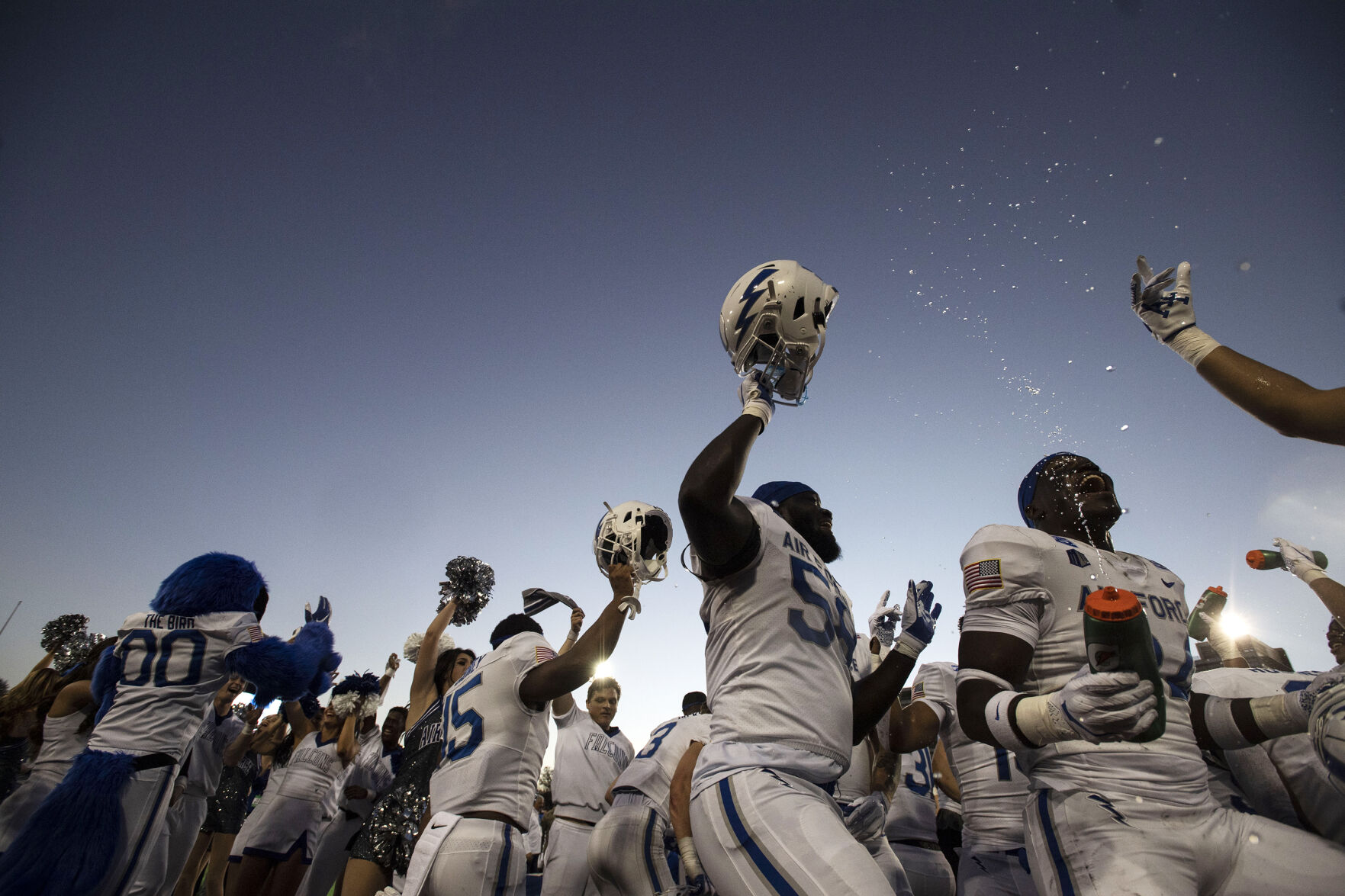 Air Force Falcons celebrate after defeating the Louisville Cardinals during the 2021 First Responder Bowl at Gerald J. Ford Stadium on the campus of Southern Methodist University in Dallas, Texas on Tuesday, Dec. 28, 2021. The Falcons defeated the Cardinals and won the bowl game by a score of 31-28. (Chancey Bush/ The Gazette) (Chancey Bush/ The Gazette)