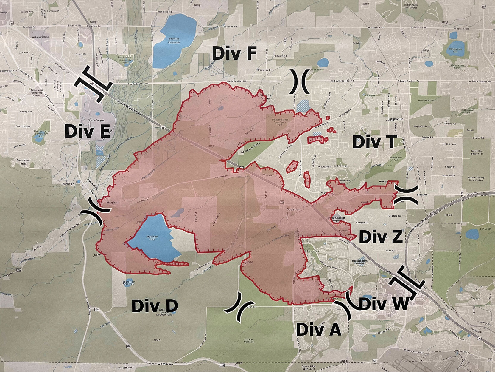 An updated map of the Marshall fire burn area in southeast Boulder County as of Friday. (Courtesy of Boulder County Office of Emergency Management)