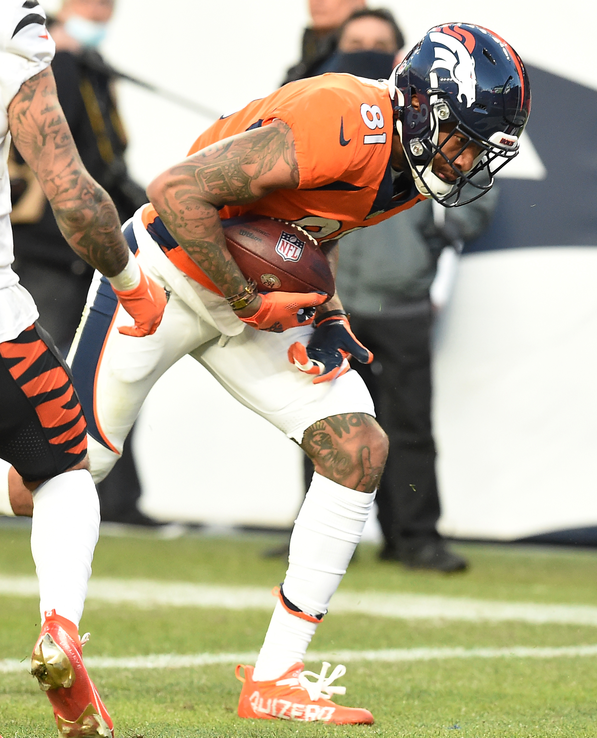 Broncos wide receiver catches a pass and then runs for a touchdown in the third quarter. The Broncos played the Bengals at Mile High Stadium on Sunday, Dec. 19, 2021. (Photo by Jerilee Bennett, The Gazette) (Jerilee Bennett)