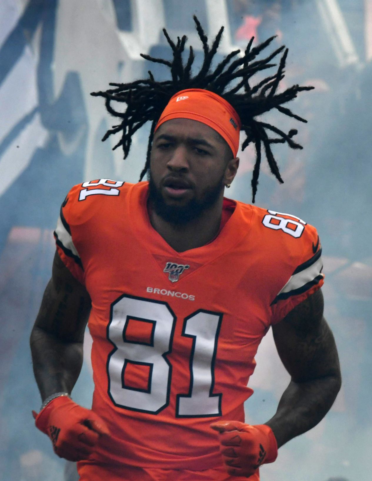 Broncos wide receiver Tim Patrick takes the field before the Broncos game at Empower Field at Mile High on Sunday, Dec. 22, 2019. The Broncos won the game 27-17. (Photo by Jerilee Bennett, The Gazette) (JERILEE BENNETT THE GAZETTE)