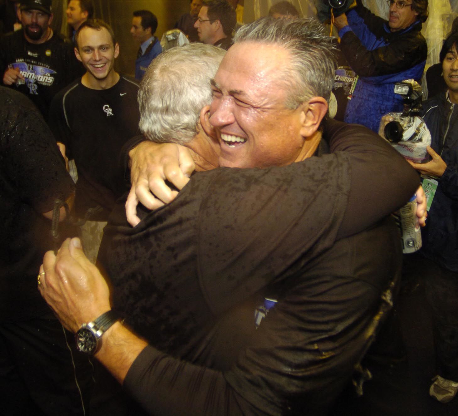 Rockies manager Clint Hurdle celebrates in the clubhouse Monday, October 15, 2007, following the Rockies' final game of their four game sweep of the Arizona Diamondbacks for the NLCS win at Coors Field. Mark Reis photo (Mark Reis)