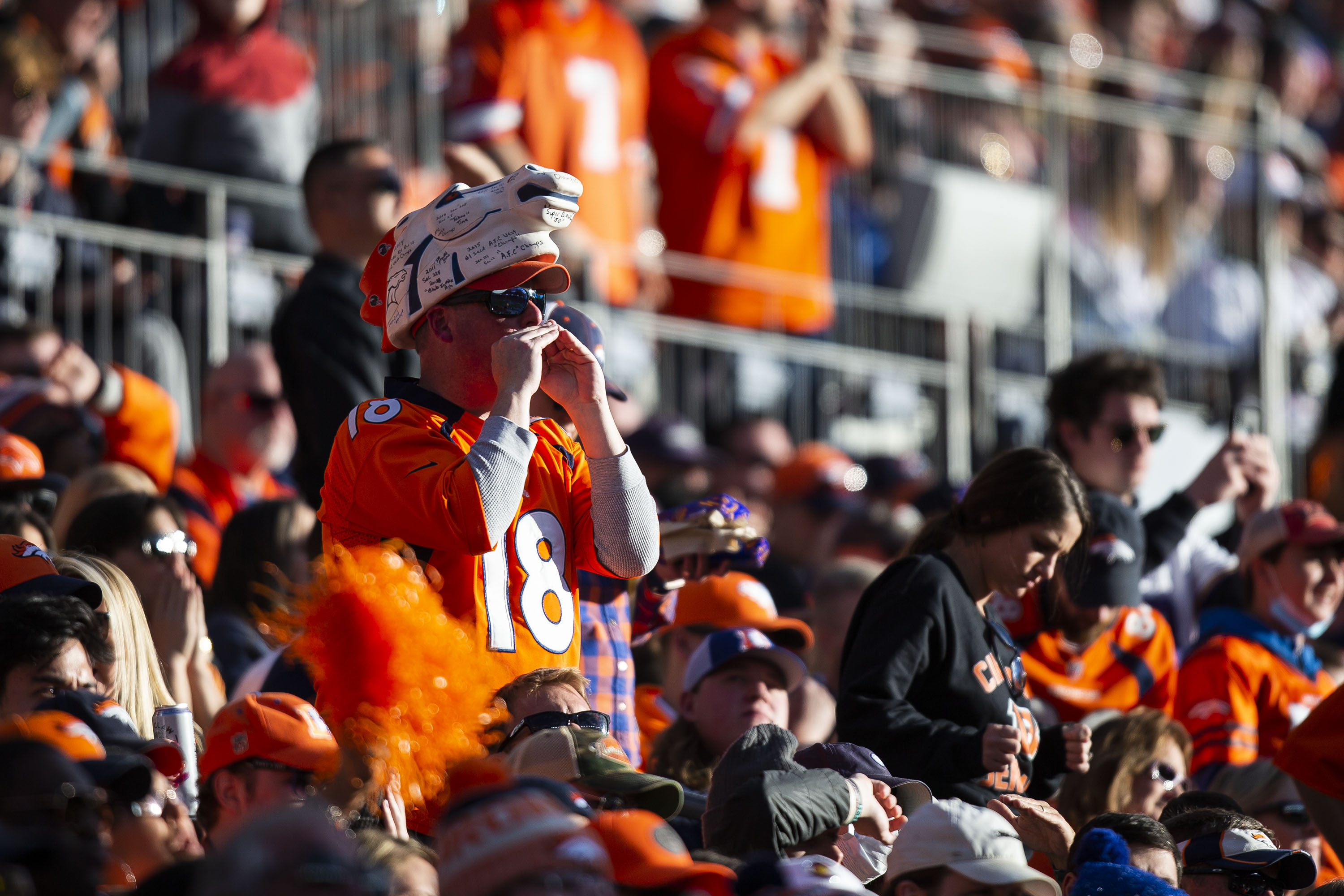 A Denver Broncos fan yells during a game against the Cincinnati Bengals on Sunday, Dec. 19, 2021, at Empower Field at Mile High in Denver, Colo. (Timothy Hurst/The Gazette) (TimHursttim.hurst@gazette.comhttps://secure.gravatar.com/avatar/aca82bd62b4ee425c598527cd6faa1b1?d=mm&r=g)