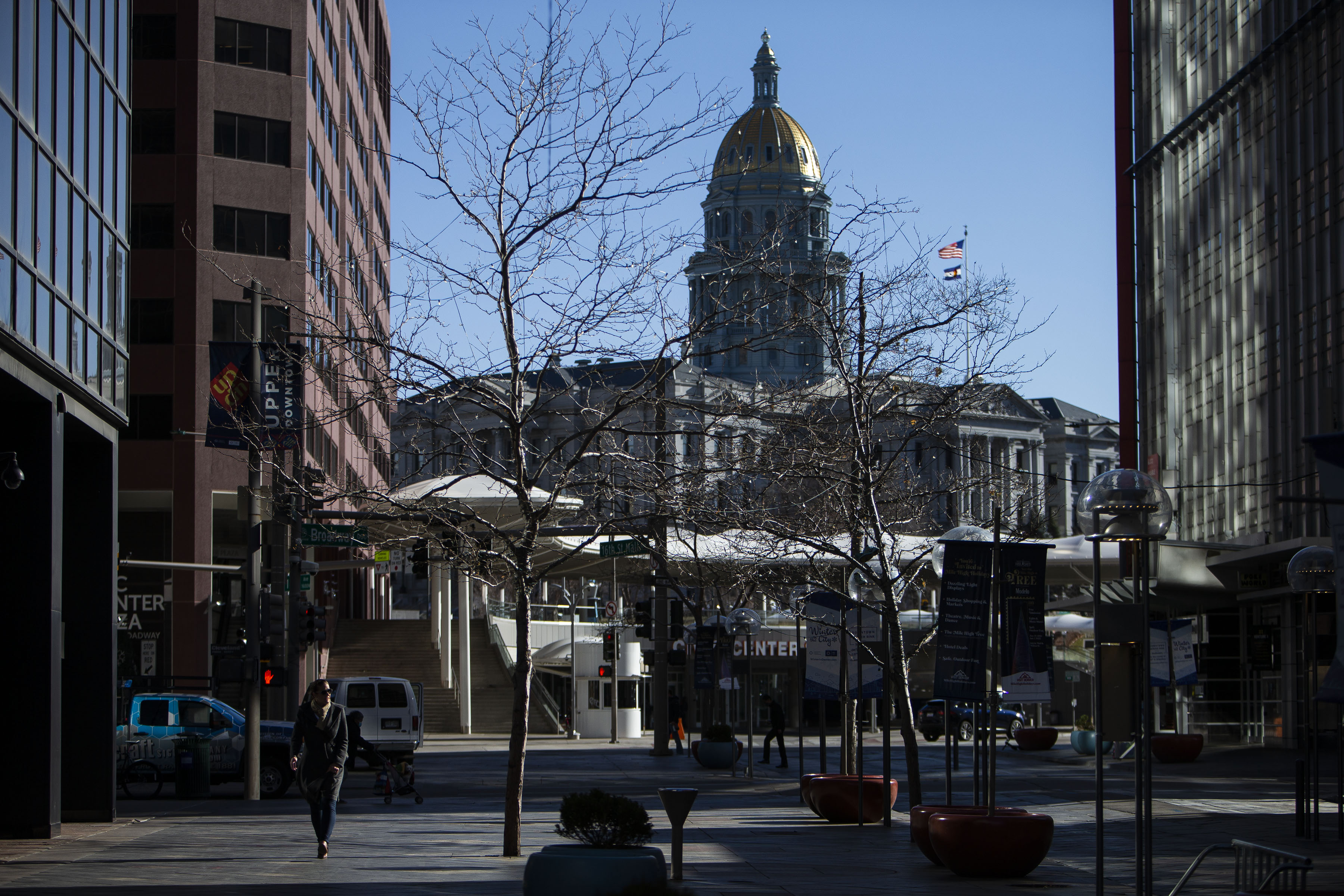 A pedestrian walks down 16th Street Mall on Wednesday, Dec. 15, 2021, in Denver, Colo. (Timothy Hurst/The Gazette) (Timothy Hurst)