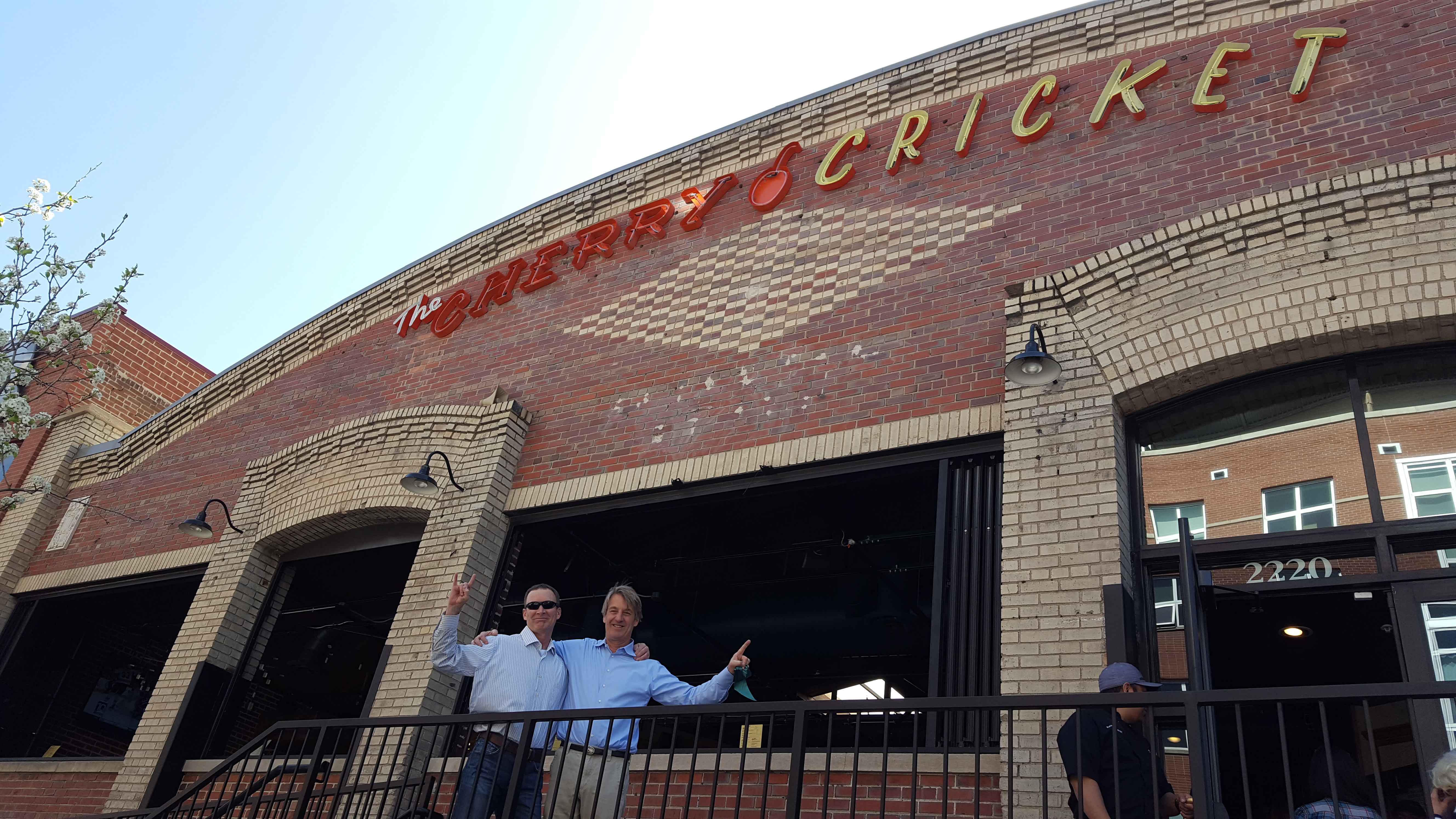 Breckenridge-Wynkoop Restaurant Group Co-CEOs Ed Cerkovnik (left) and Lee Driscoll from the opening of Cherry Cricket Ballpark, 2220 Blake St., Denver, in 2018. (Courtesy of Cherry Cricket)