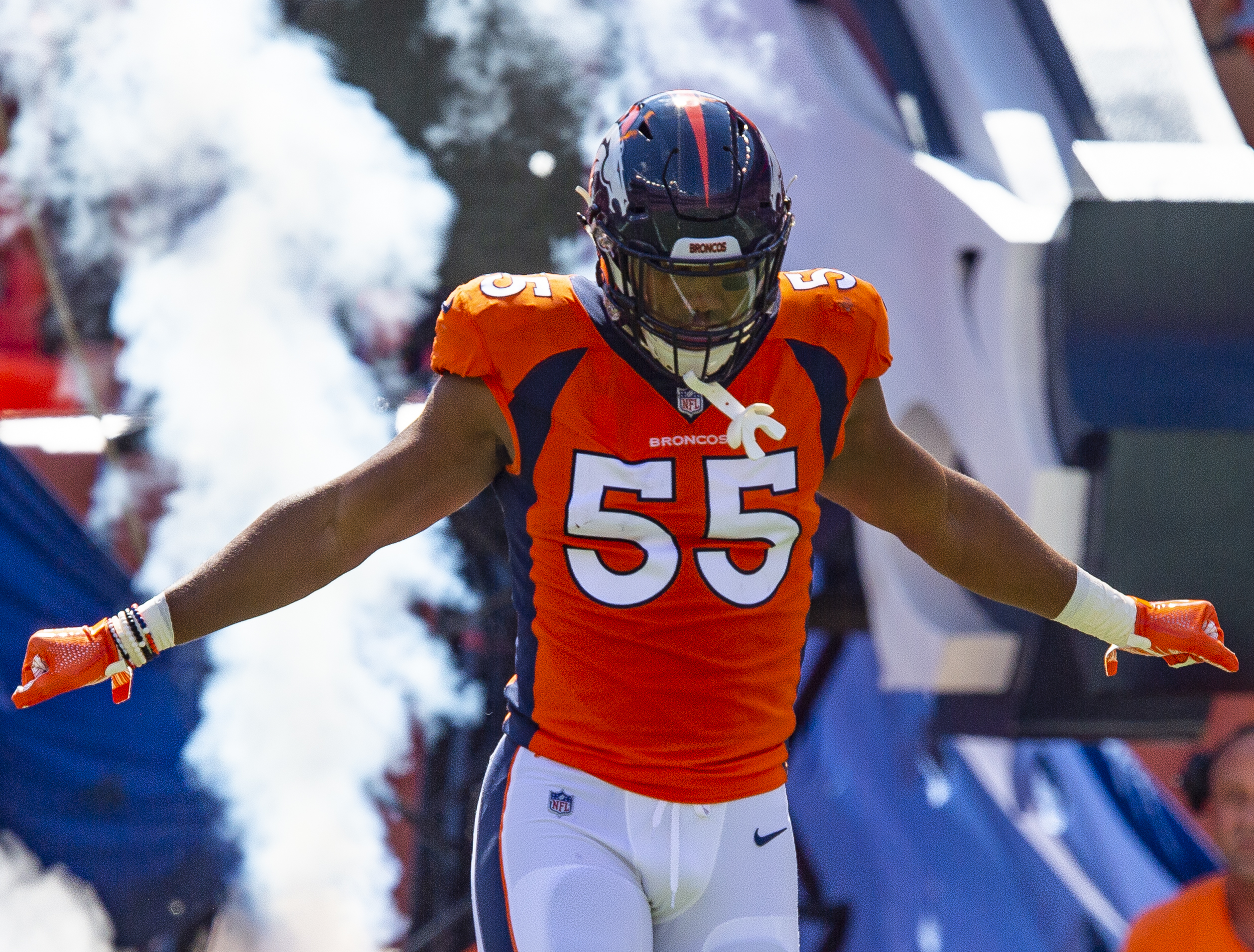 Denver Broncos linebacker Bradley Chubb (55) enters the field against the Oakland Raiders at Broncos Stadium at Mile High on Sunday, September 16, 2018 in Denver, Colorado. (Photo by Dougal Brownlie, The Gazette) (Dougal Brownlie The Gazette)