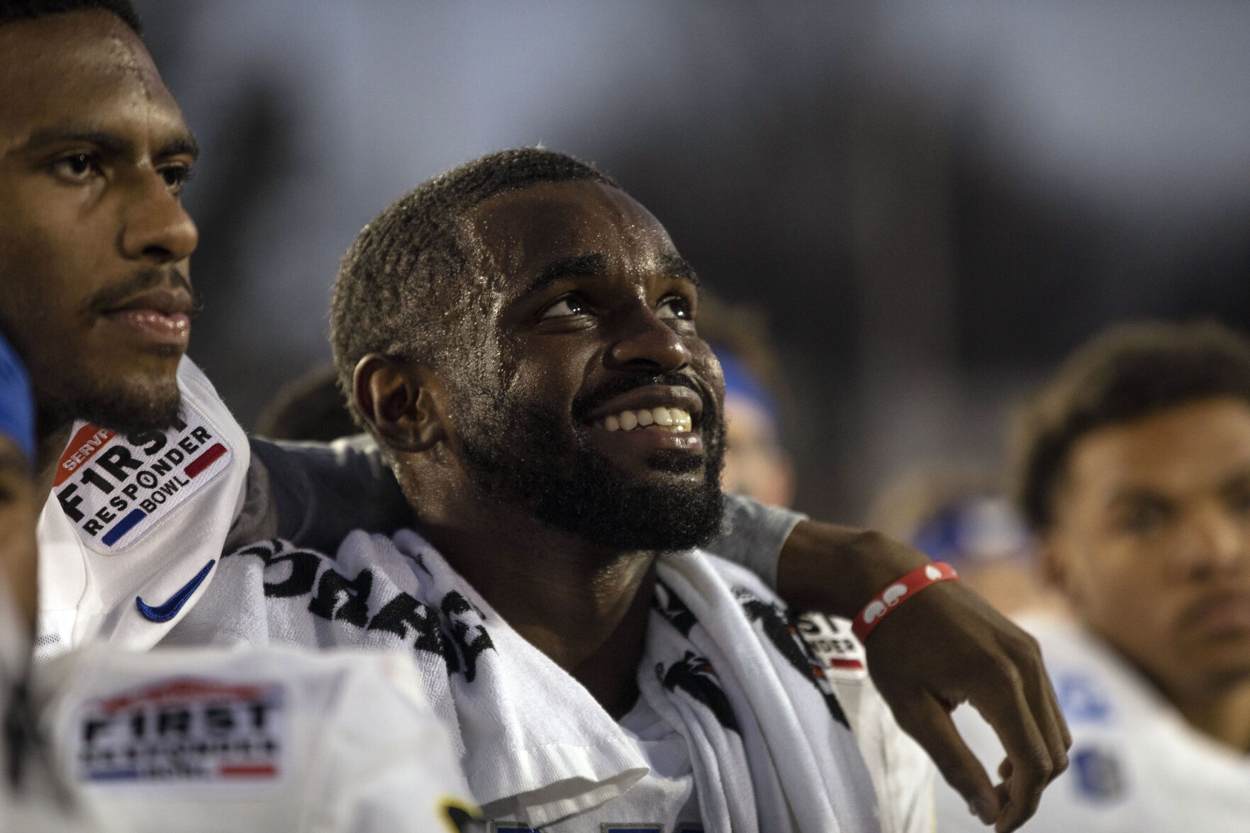 Air Force Falcons celebrate after defeating the Louisville Cardinals during the 2021 First Responder Bowl at Gerald J. Ford Stadium on the campus of Southern Methodist University in Dallas, Texas on Tuesday, Dec. 28, 2021. The Falcons defeated the Cardinals and won the bowl game by a score of 31-28. (Chancey Bush/ The Gazette) (Chancey Bush/ The Gazette)