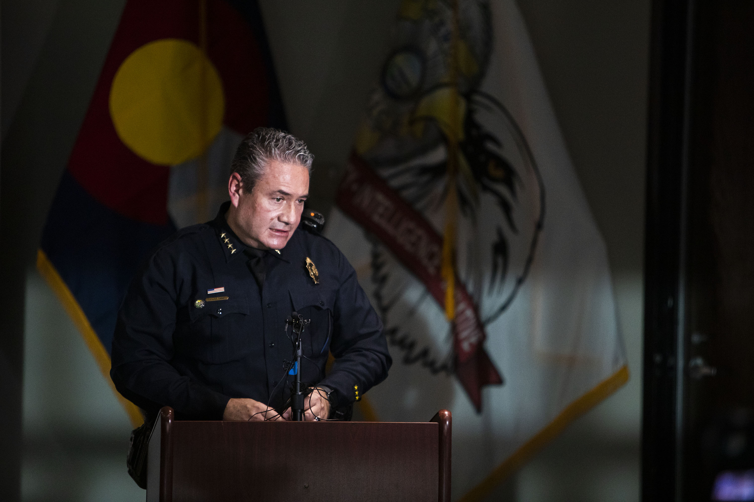 Denver Police chief Paul Pazen speaks about the cross-town shooting spree that left five people dead the previous night during a press conference at the Lakewood Police Department on Tuesday, Dec. 28, 2021, in Lakewood, Colo. (Timothy Hurst/The Gazette) (Timothy Hurst)