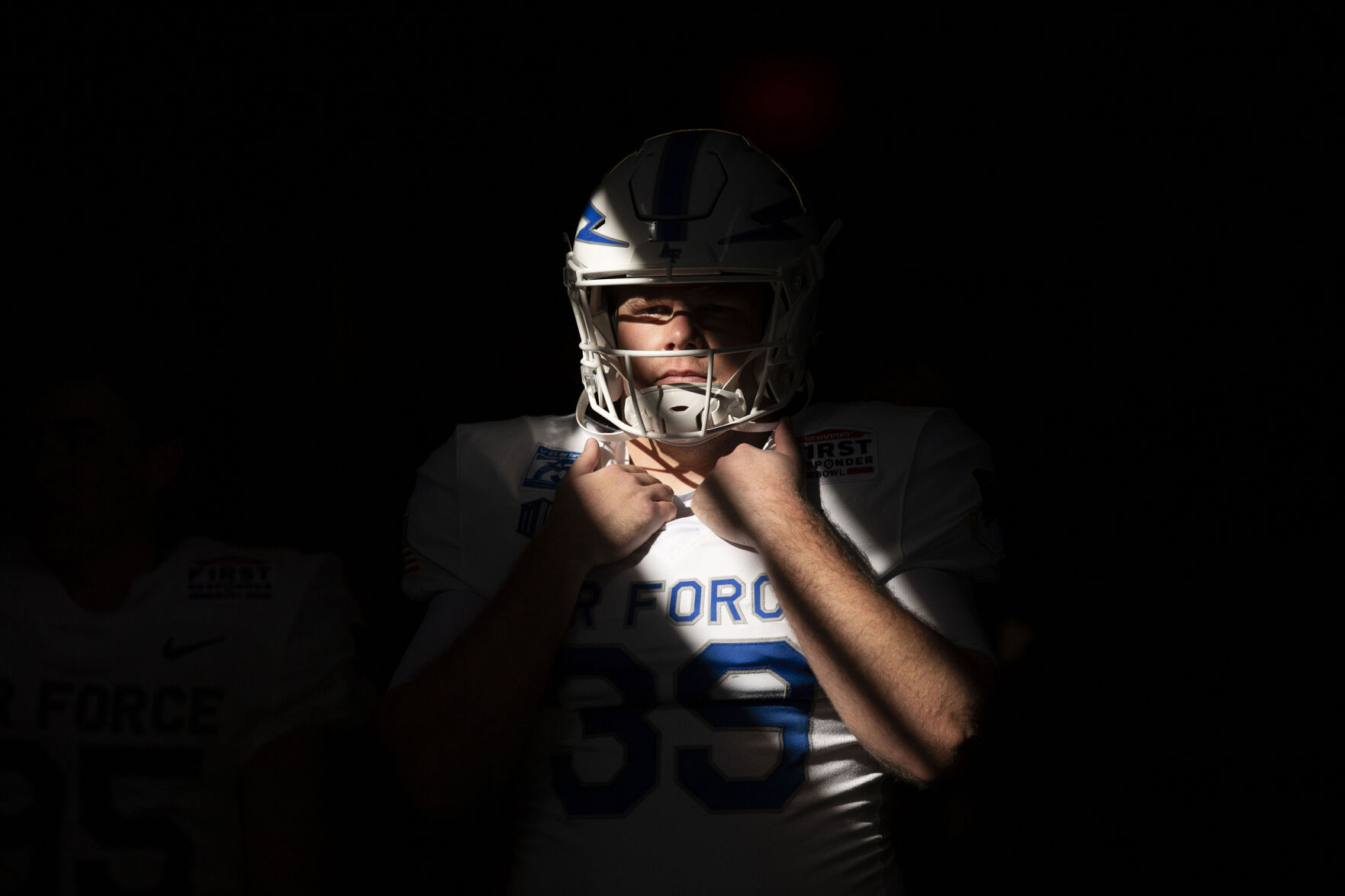 Air Force junior Brendan Bentley (39) waits in the tunnel before the Falcons take the field as Air Force Falcons take on the Louisville Cardinals during the 2021 First Responder Bowl at Gerald J. Ford Stadium on the campus of Southern Methodist University in Dallas, Texas on Tuesday, Dec. 28, 2021. (Chancey Bush/ The Gazette) (Chancey Bush/ The Gazette)