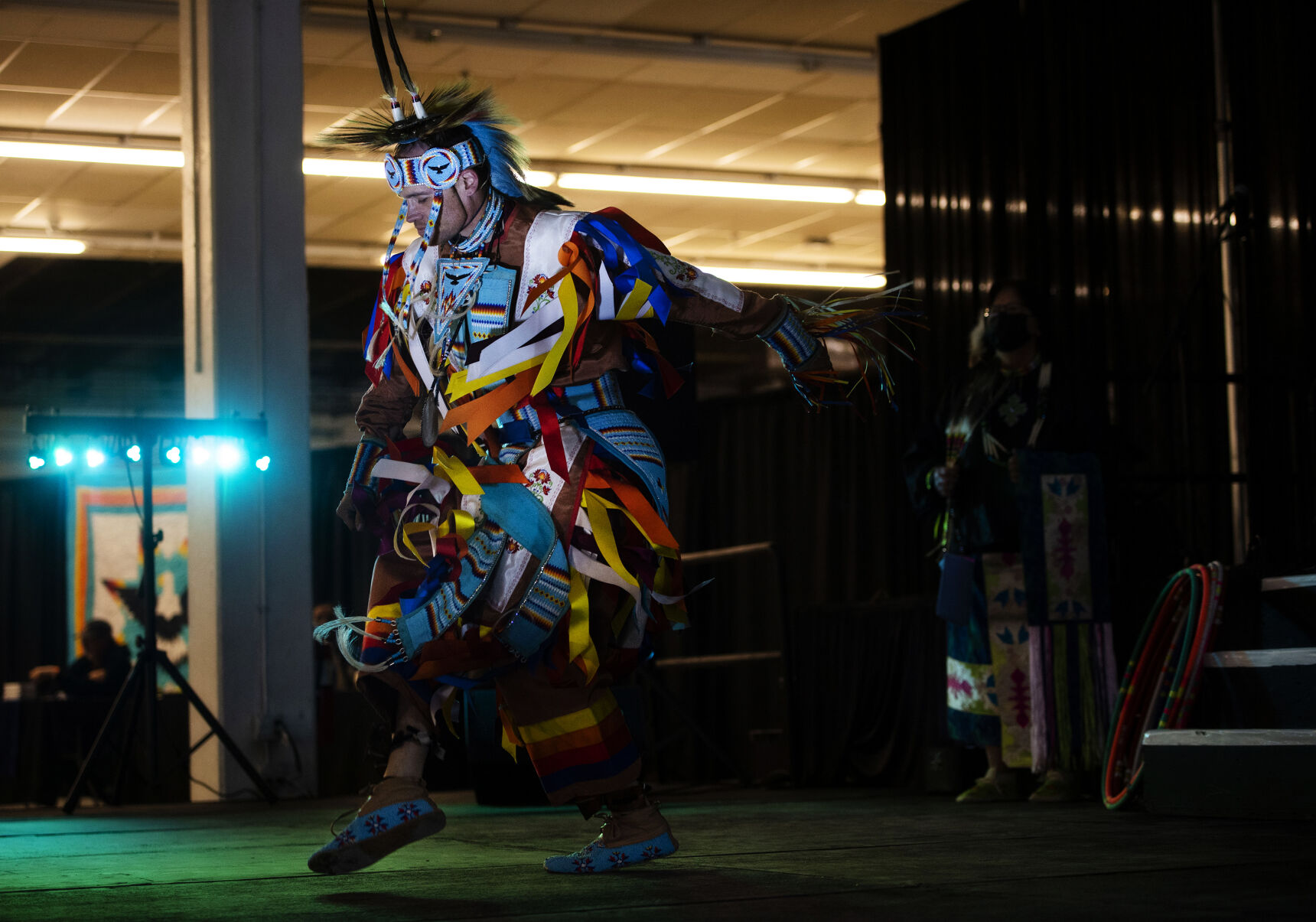 Steven Howell, Seven Falls Dancers Native American dance troupe, performs during the Colorado Indian Market and Southwest Art Fest at the Colorado Springs Event Center in Colorado Springs on Friday, Jan. 14, 2021. The event features 150 artists and craftsmen, including tribal dancers, award-winning entertainers, artist demonstrations, and special attractions. The festival kicked off on Friday and runs through the weekend, Saturday and Sunday from 10 a.m. to 5 p.m. (Chancey Bush/ The Gazette) (Chancey Bush/ The Gazette)
