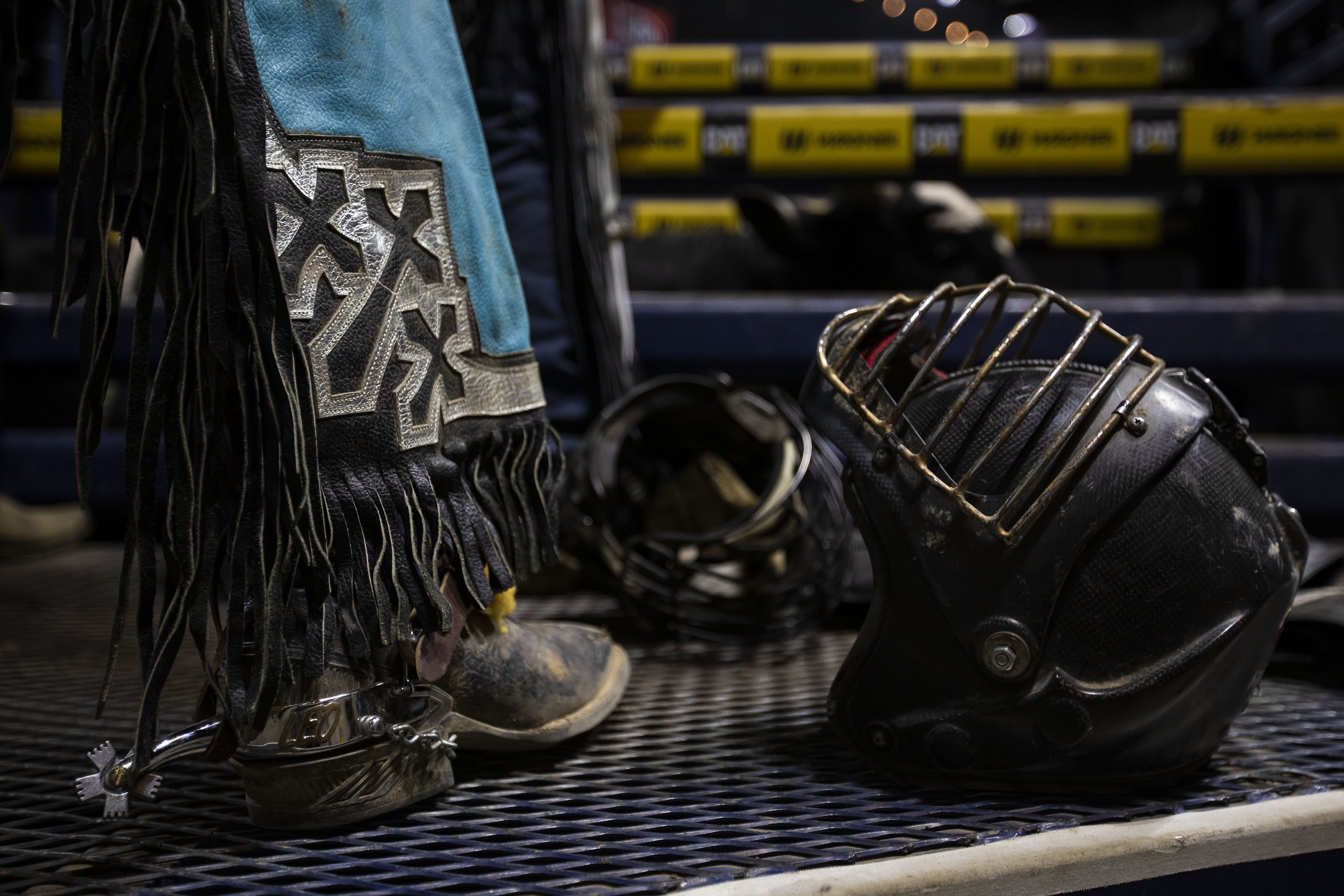 Bullrider Leondre Linebarder’s helmet sits at his feet on the chute while waiting to ride his bull during the African-American Heritage Rodeo at the National Western Stock Show on Monday, Jan. 17, 2022, in Denver, Colo. (Timothy Hurst/The Gazette) (Timothy Hurst)